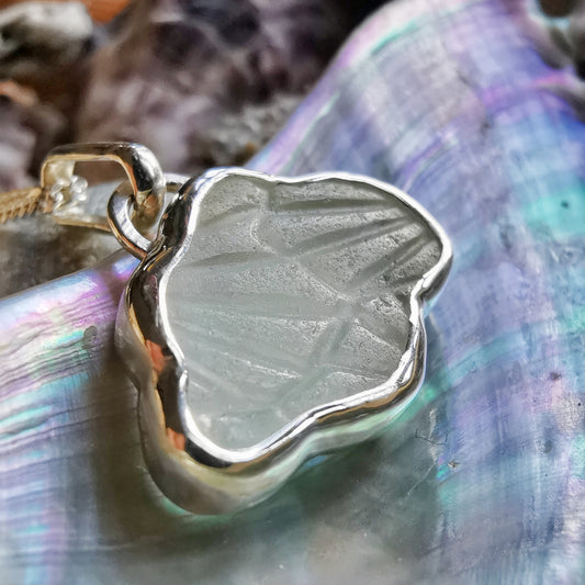 Genuine Scottish clear sea glass cloud & sterling silver pendant.