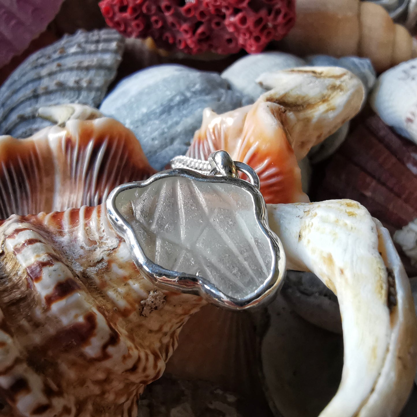 Genuine Scottish clear sea glass cloud & sterling silver pendant.