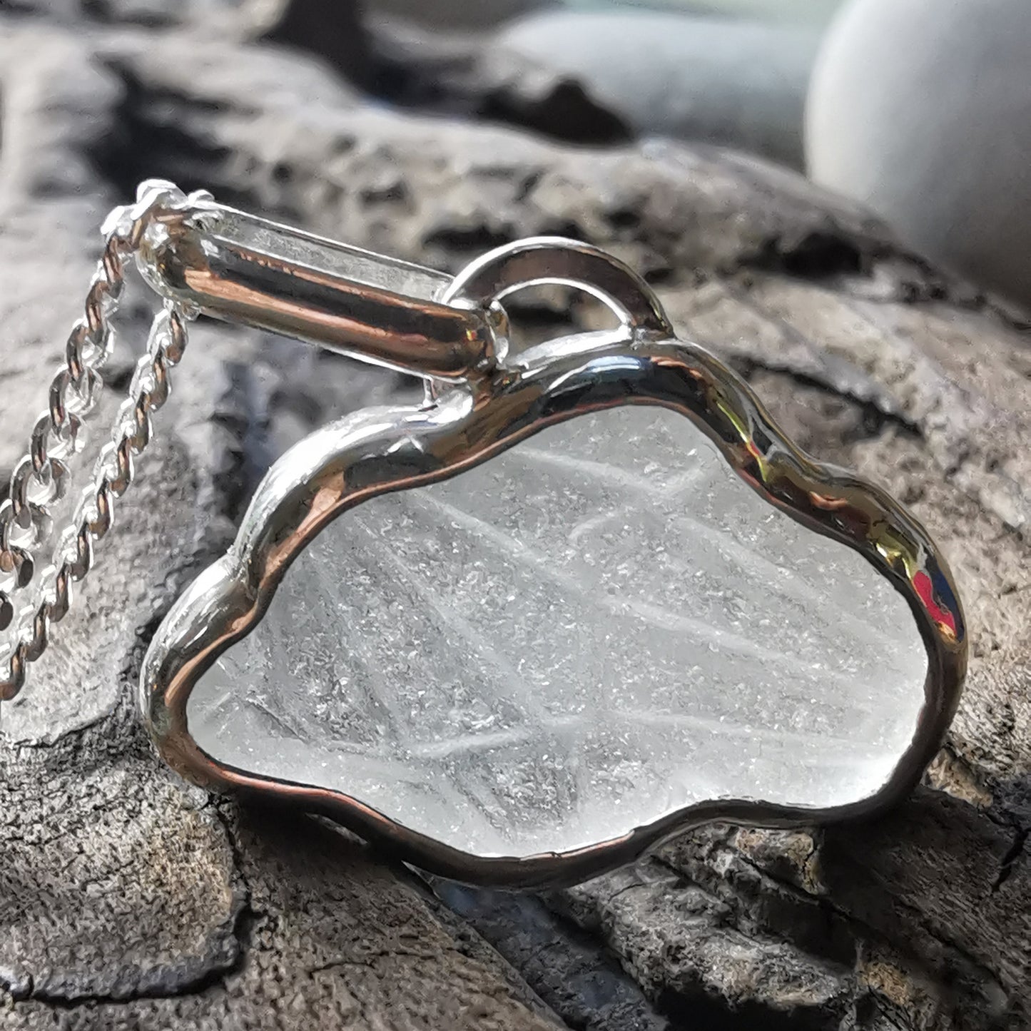 Genuine Scottish clear sea glass cloud & sterling silver pendant.