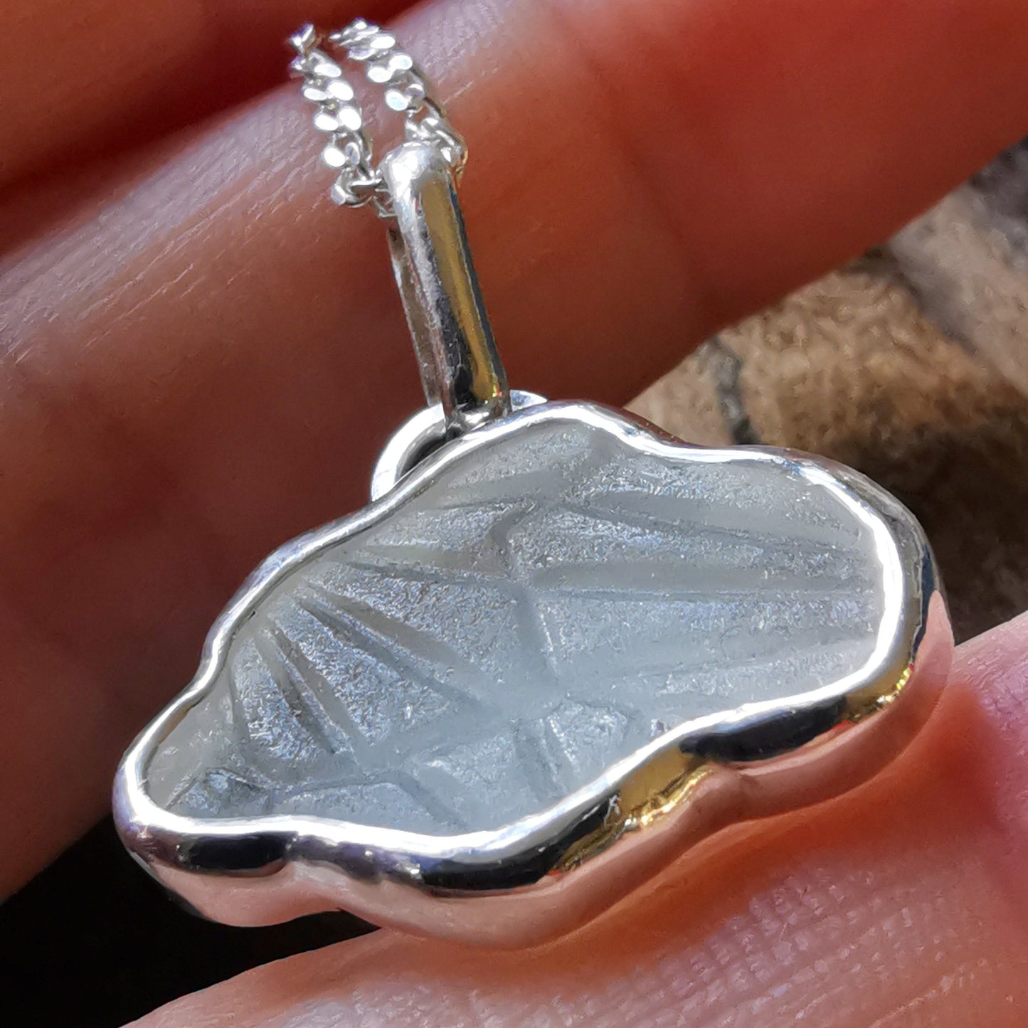 Genuine Scottish clear sea glass cloud & sterling silver pendant.