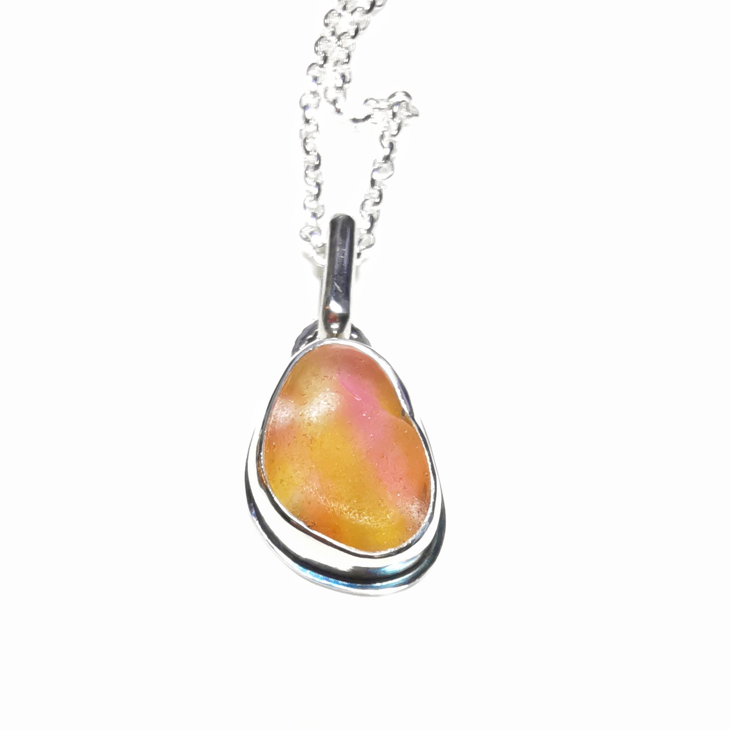 Scottish pink and yellow multicoloured sea glass & sterling silver pendant.