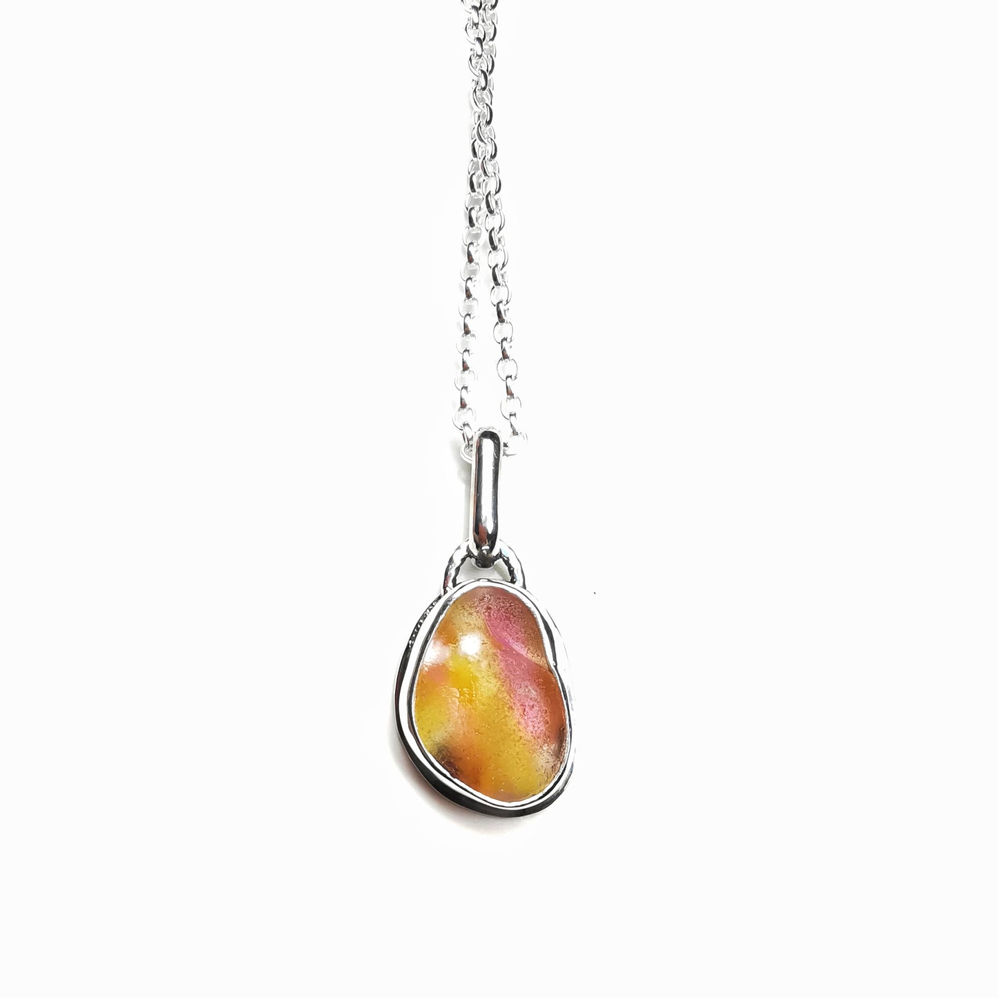 Scottish pink and yellow multicoloured sea glass & sterling silver pendant.