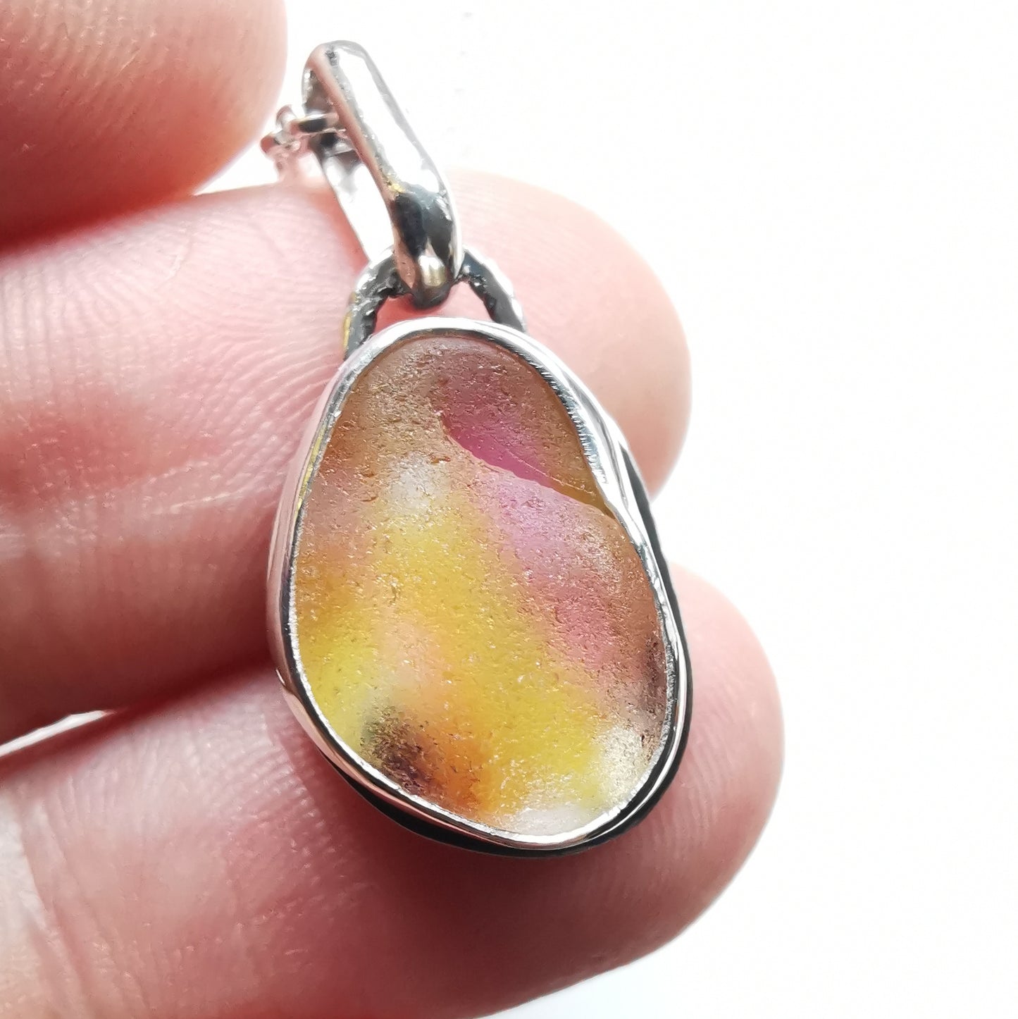 Scottish pink and yellow multicoloured sea glass & sterling silver pendant.