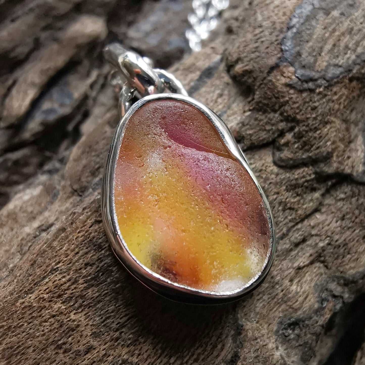 Scottish pink and yellow multicoloured sea glass & sterling silver pendant.
