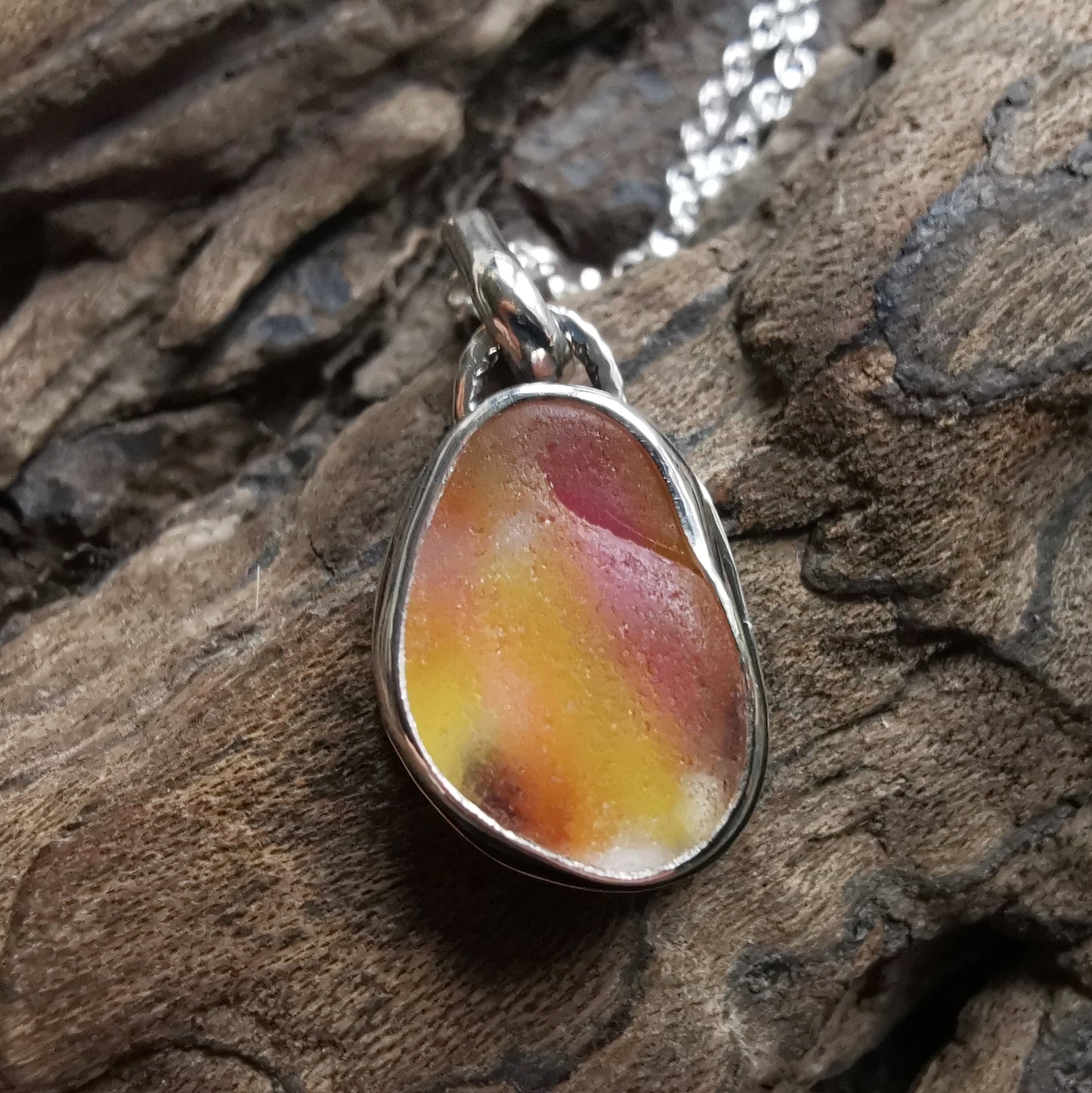 Scottish pink and yellow multicoloured sea glass & sterling silver pendant.