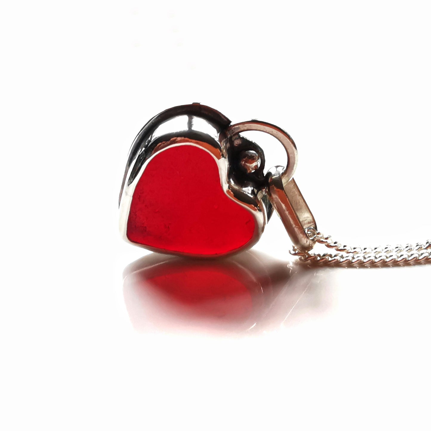 Scottish red sea glass heart & sterling silver pendant.