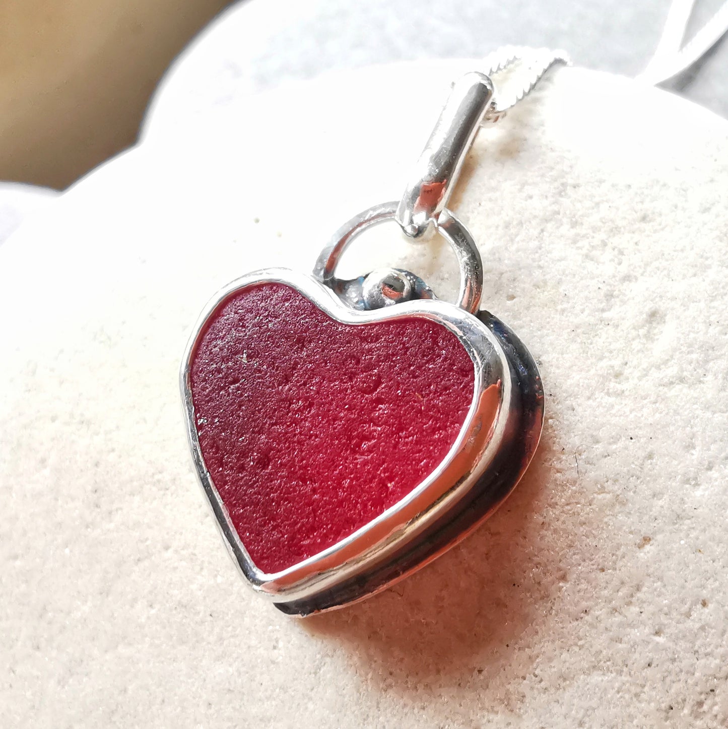 Scottish red sea glass heart & sterling silver pendant.