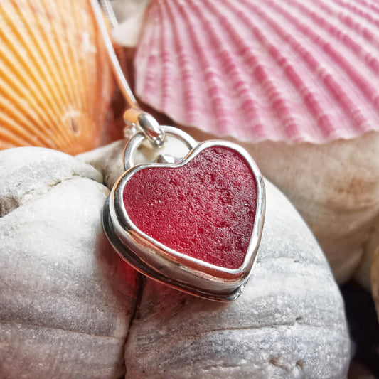 Scottish red sea glass heart & sterling silver pendant.