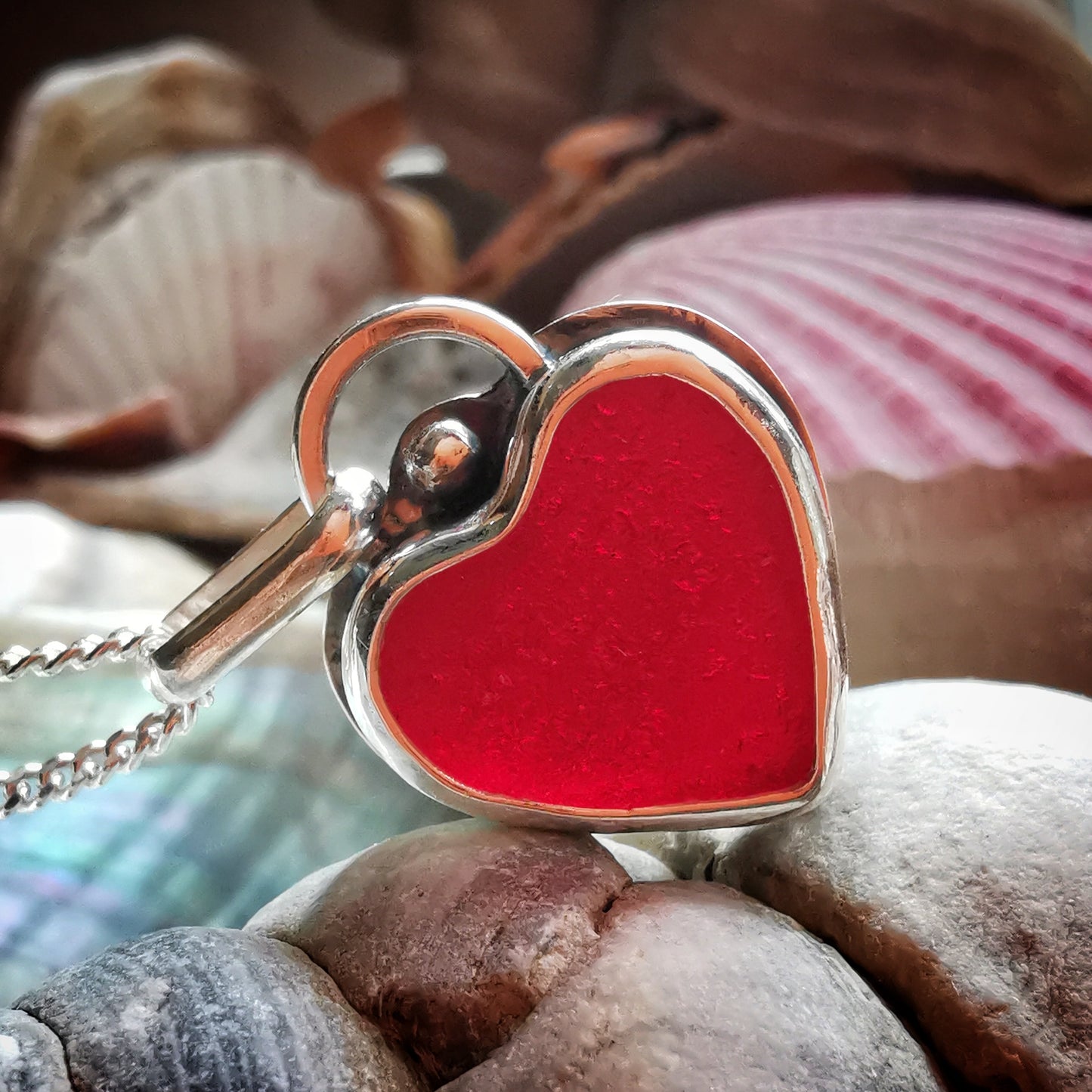 Scottish red sea glass heart & sterling silver pendant.
