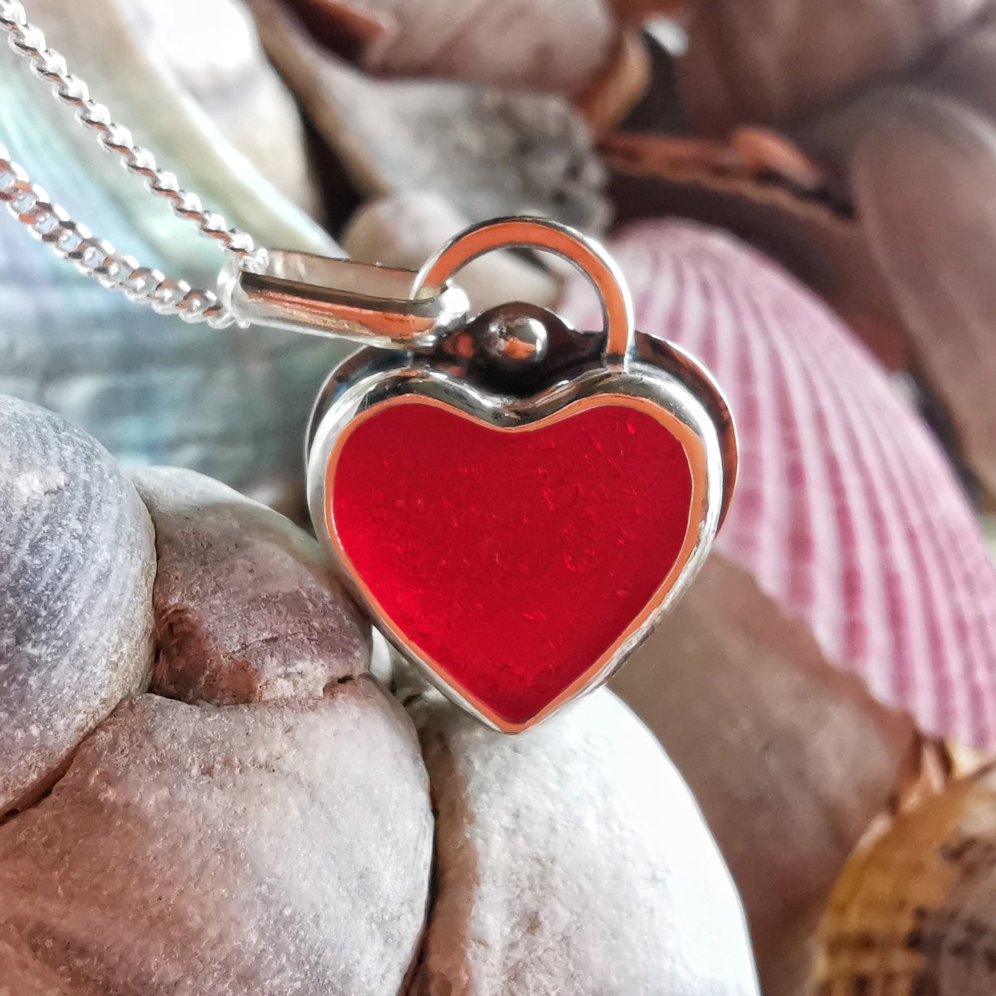 Scottish red sea glass heart & sterling silver pendant.