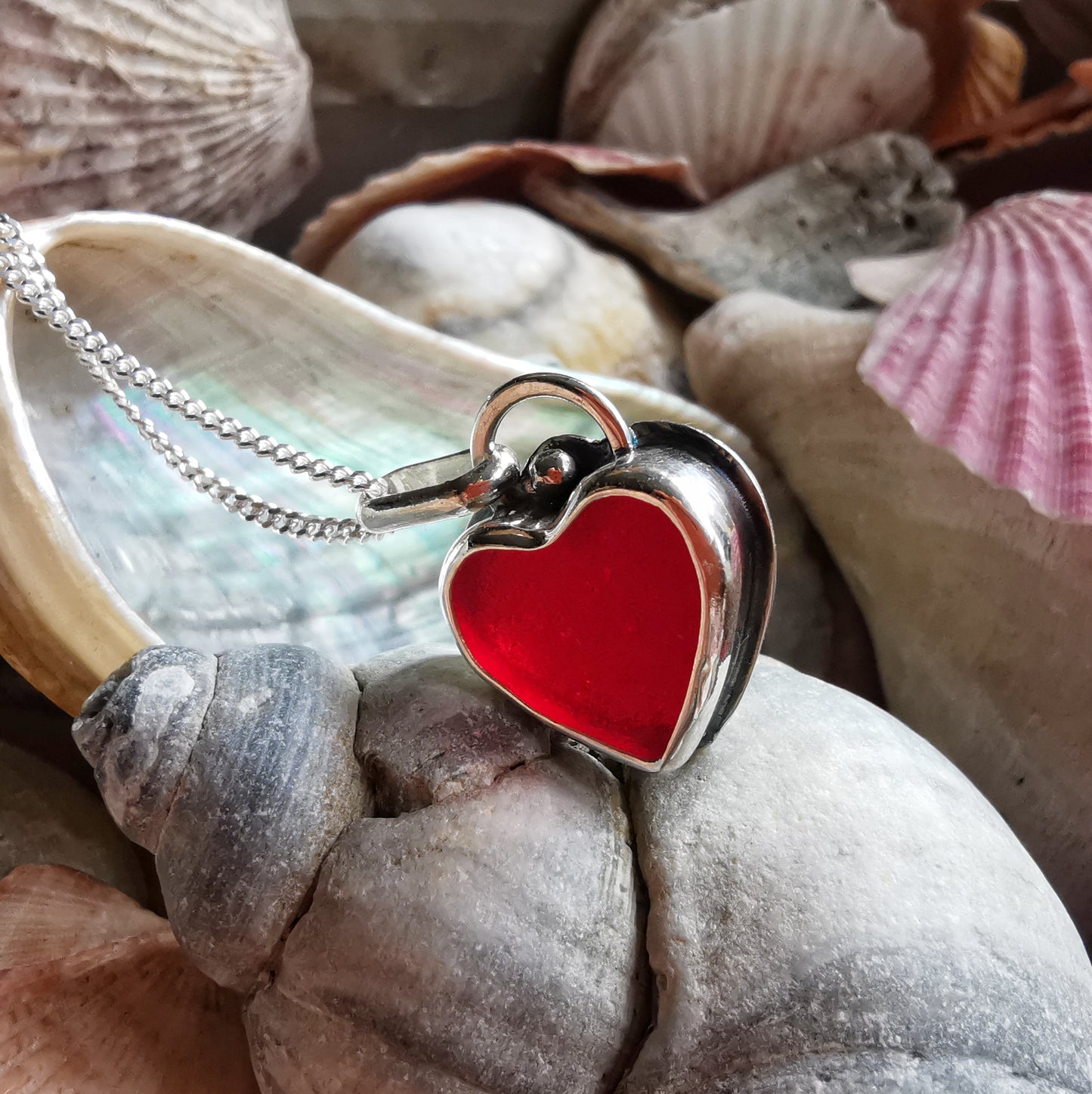 Scottish red sea glass heart & sterling silver pendant.