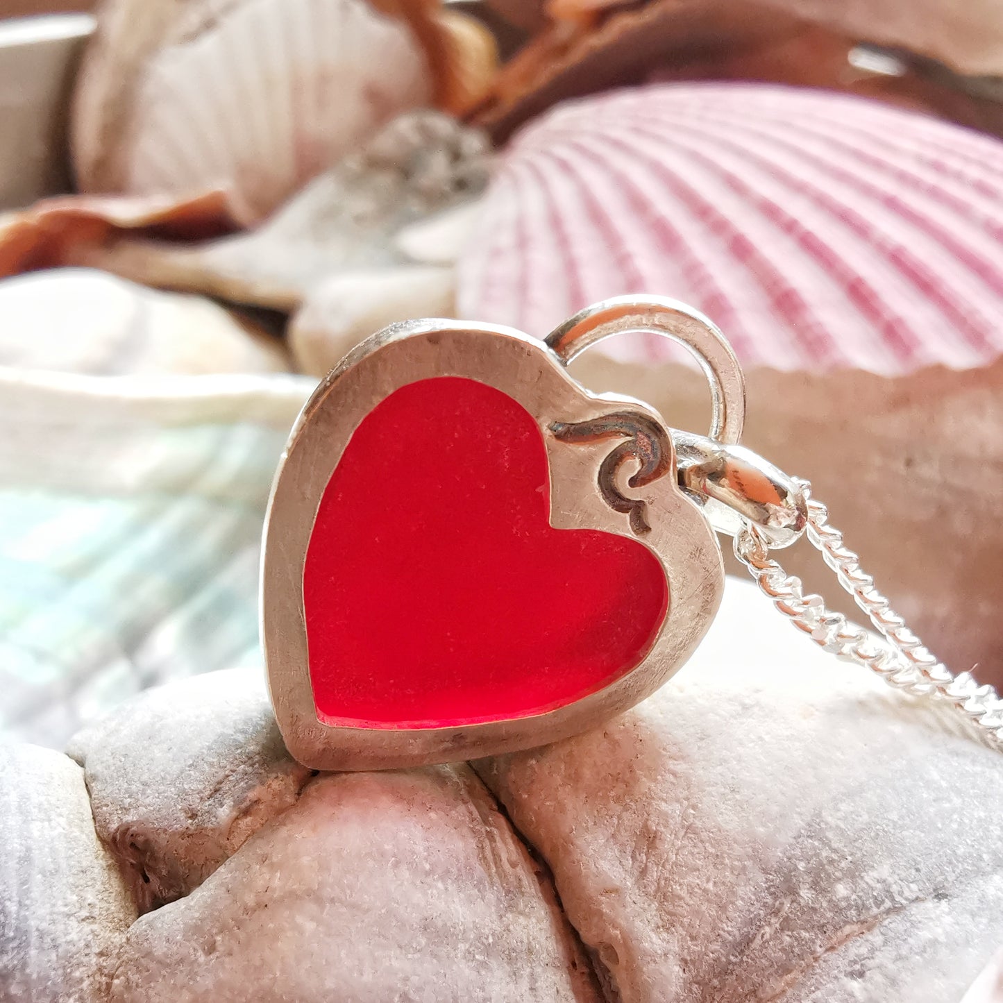 Scottish red sea glass heart & sterling silver pendant.