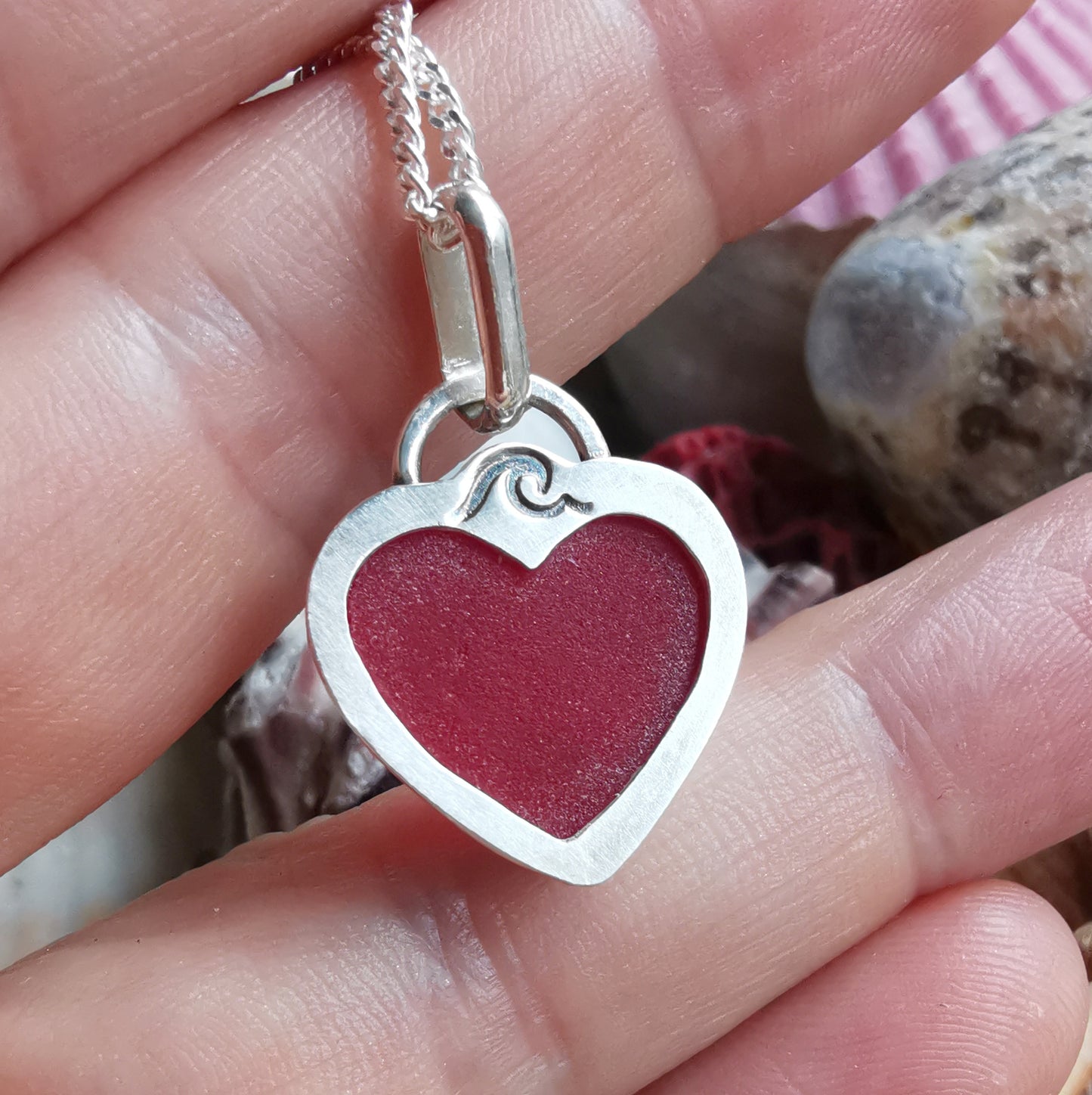 Scottish red sea glass heart & sterling silver pendant.