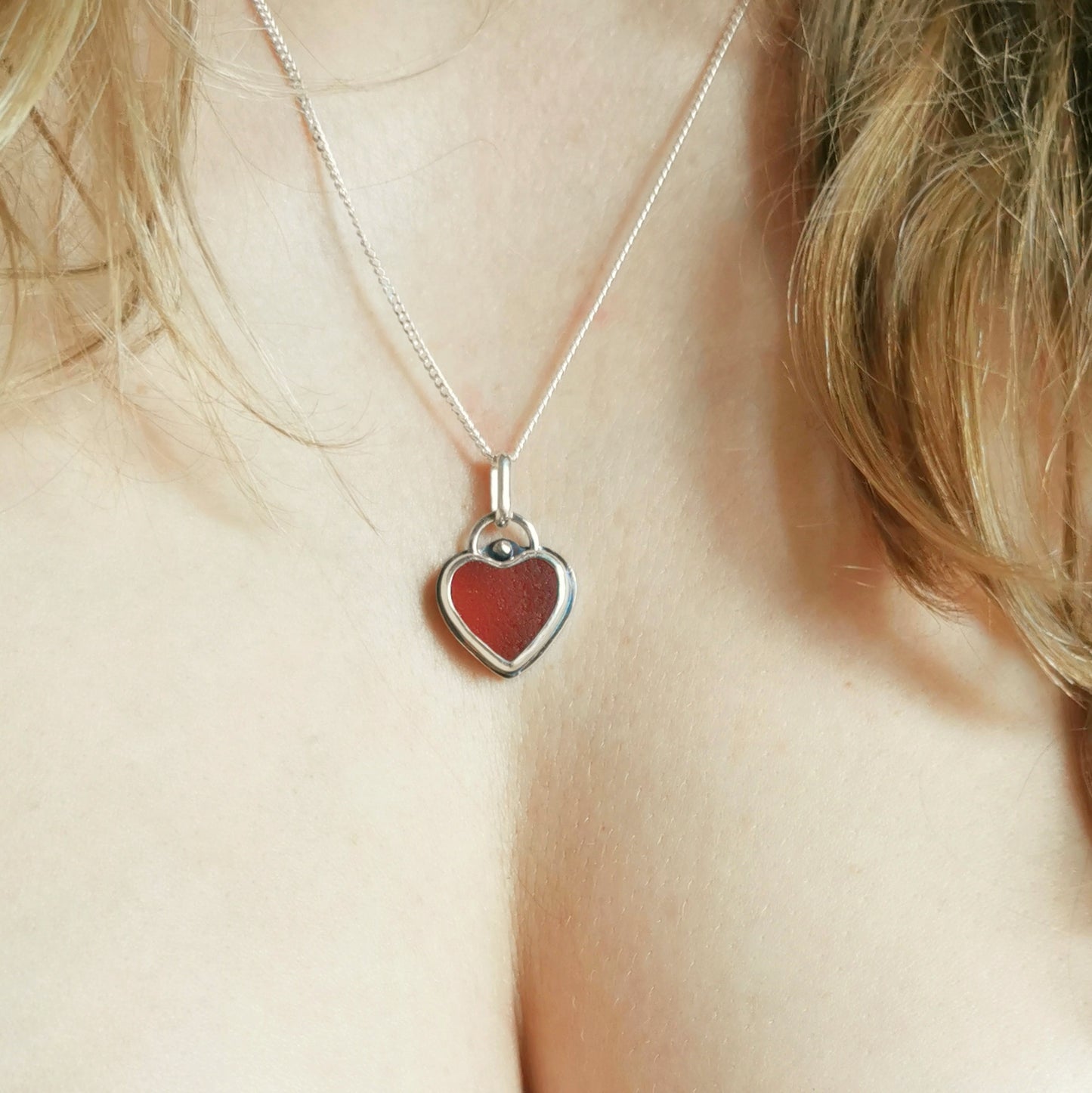 Scottish red sea glass heart & sterling silver pendant.