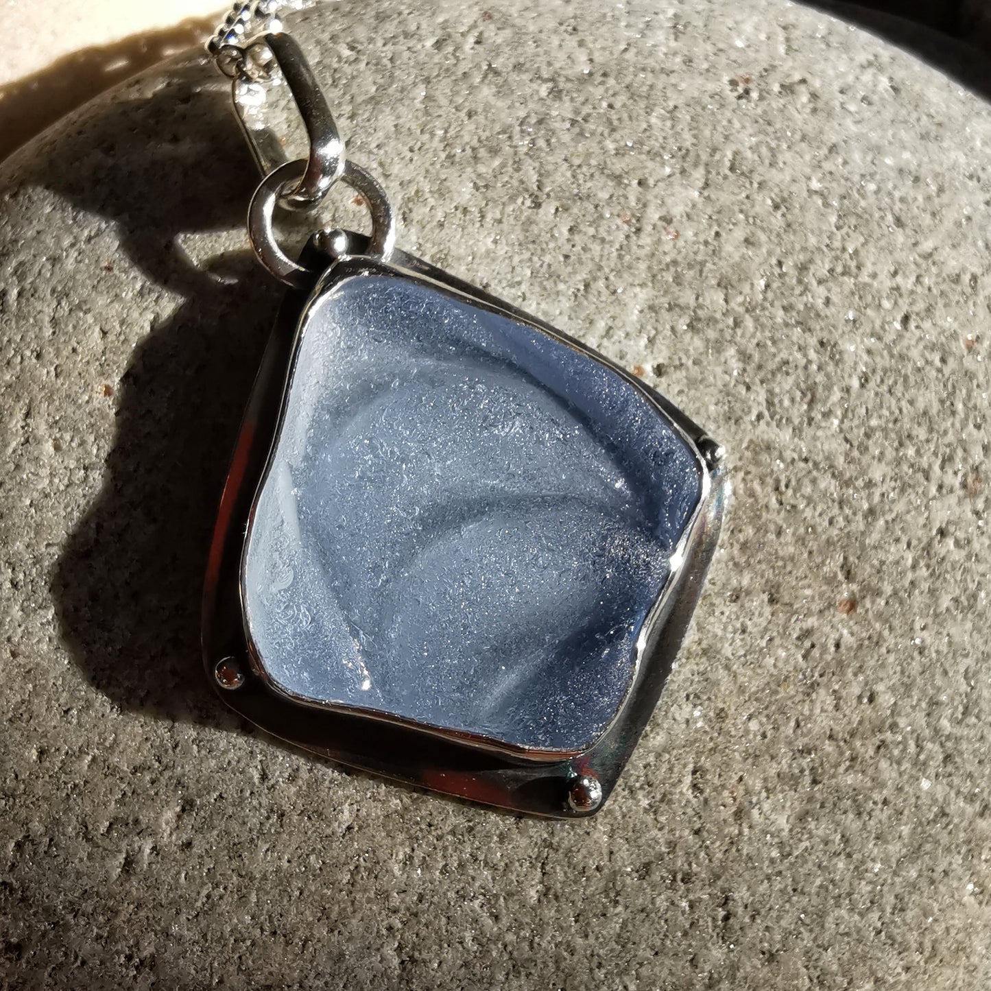 Reserved for Aer. Light blue sea glass moons & sterling silver pendant.