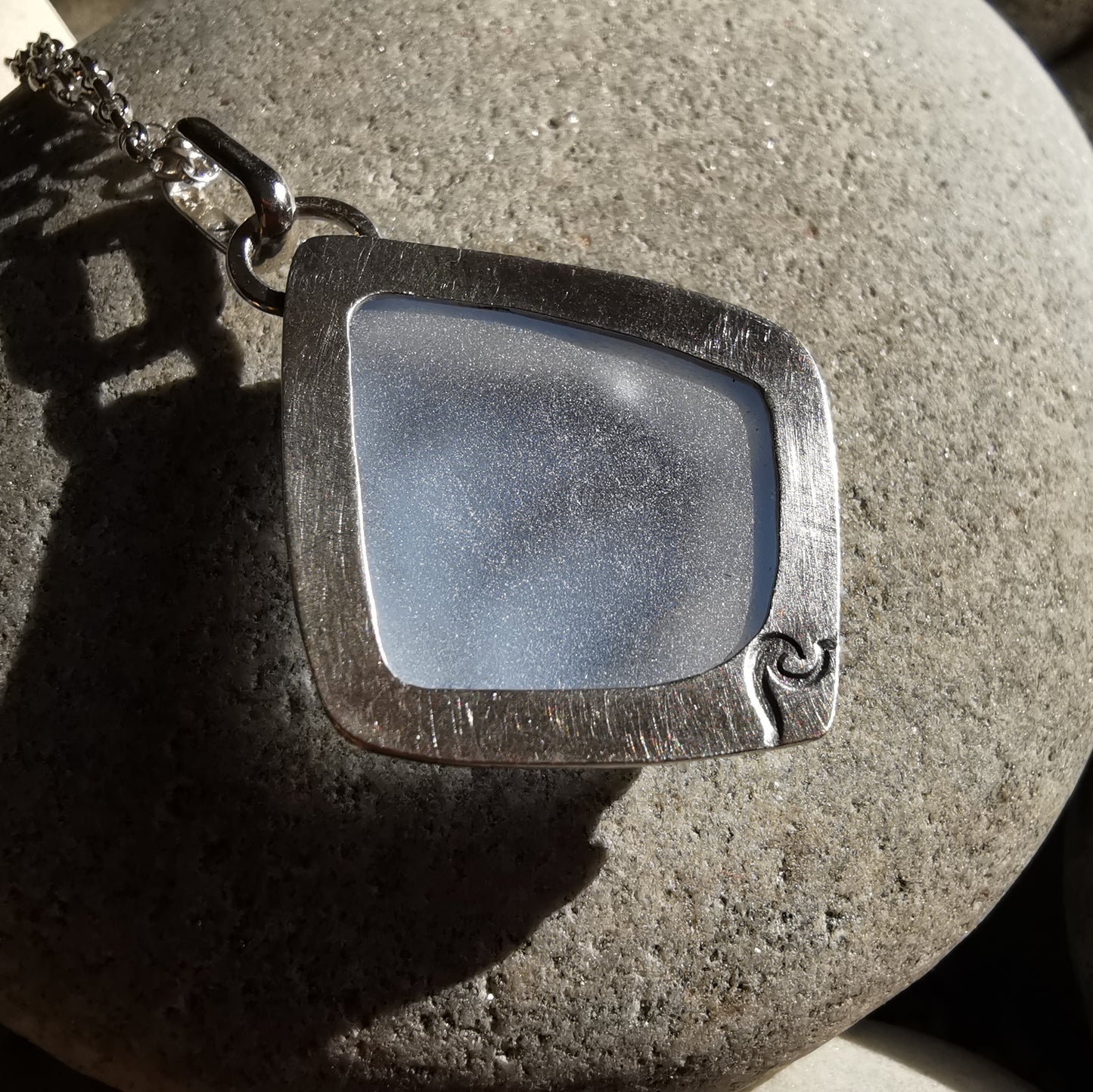 Reserved for Aer. Light blue sea glass moons & sterling silver pendant.