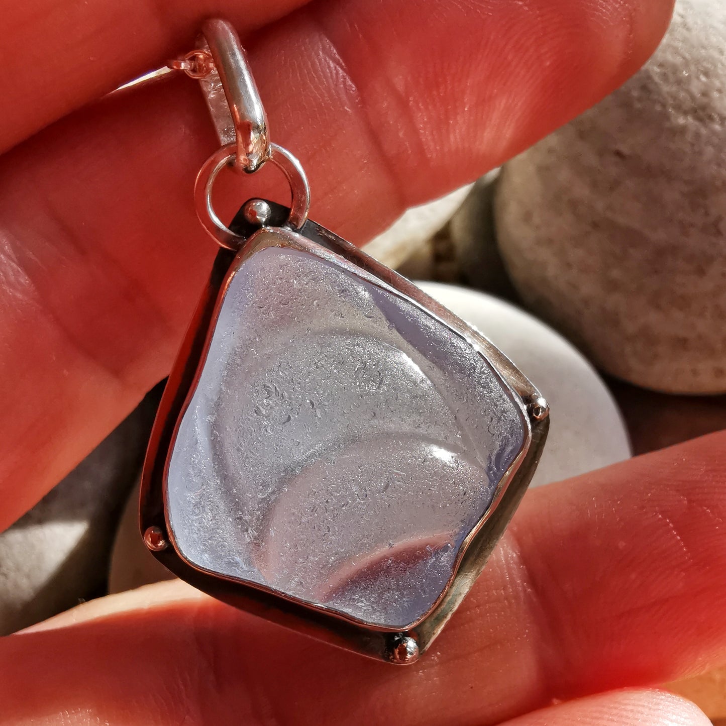 Reserved for Aer. Light blue sea glass moons & sterling silver pendant.