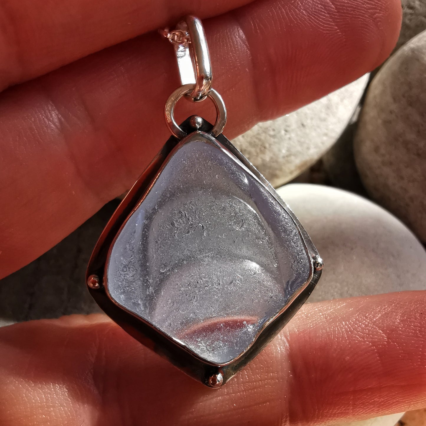 Reserved for Aer. Light blue sea glass moons & sterling silver pendant.