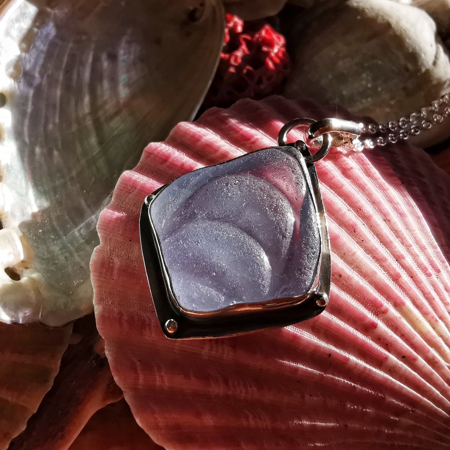 Reserved for Aer. Light blue sea glass moons & sterling silver pendant.
