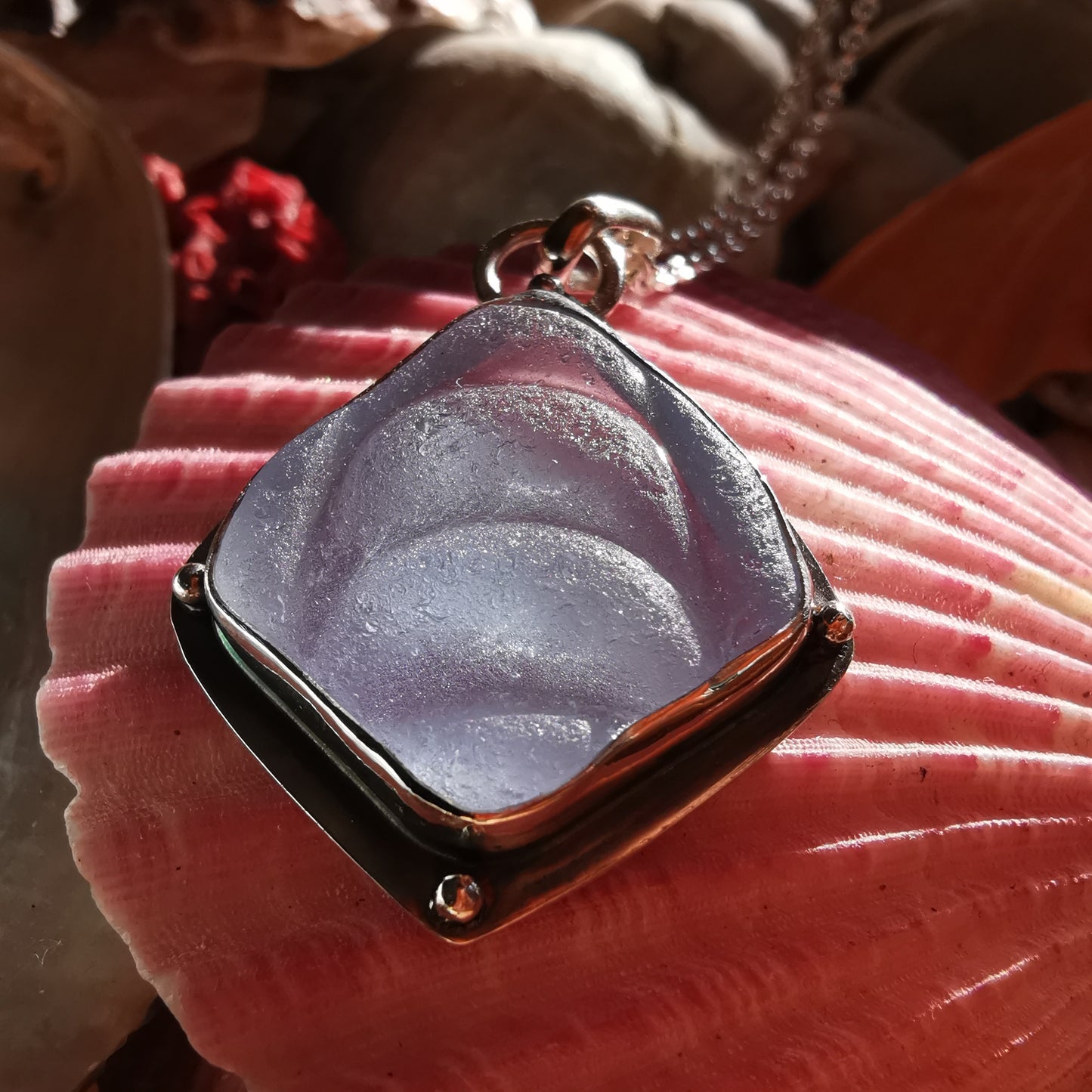 Reserved for Aer. Light blue sea glass moons & sterling silver pendant.