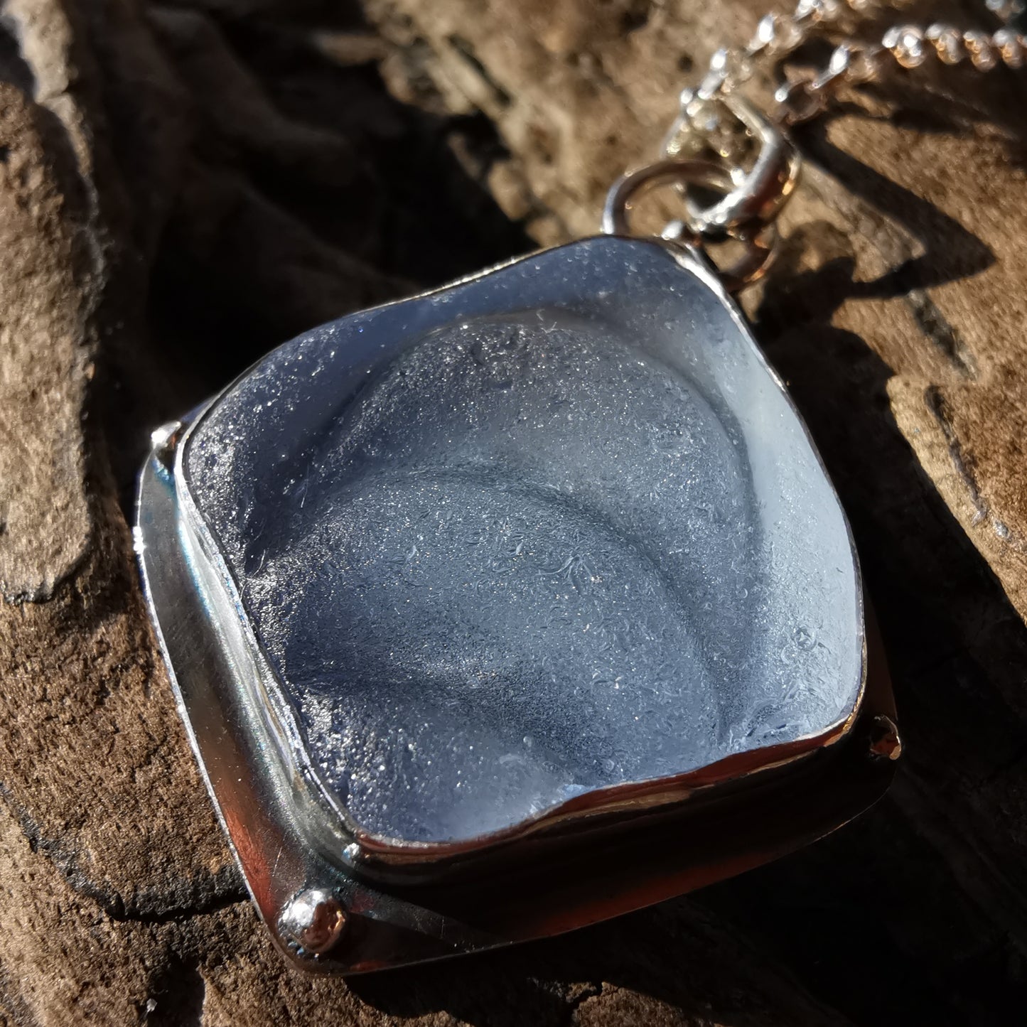 Reserved for Aer. Light blue sea glass moons & sterling silver pendant.