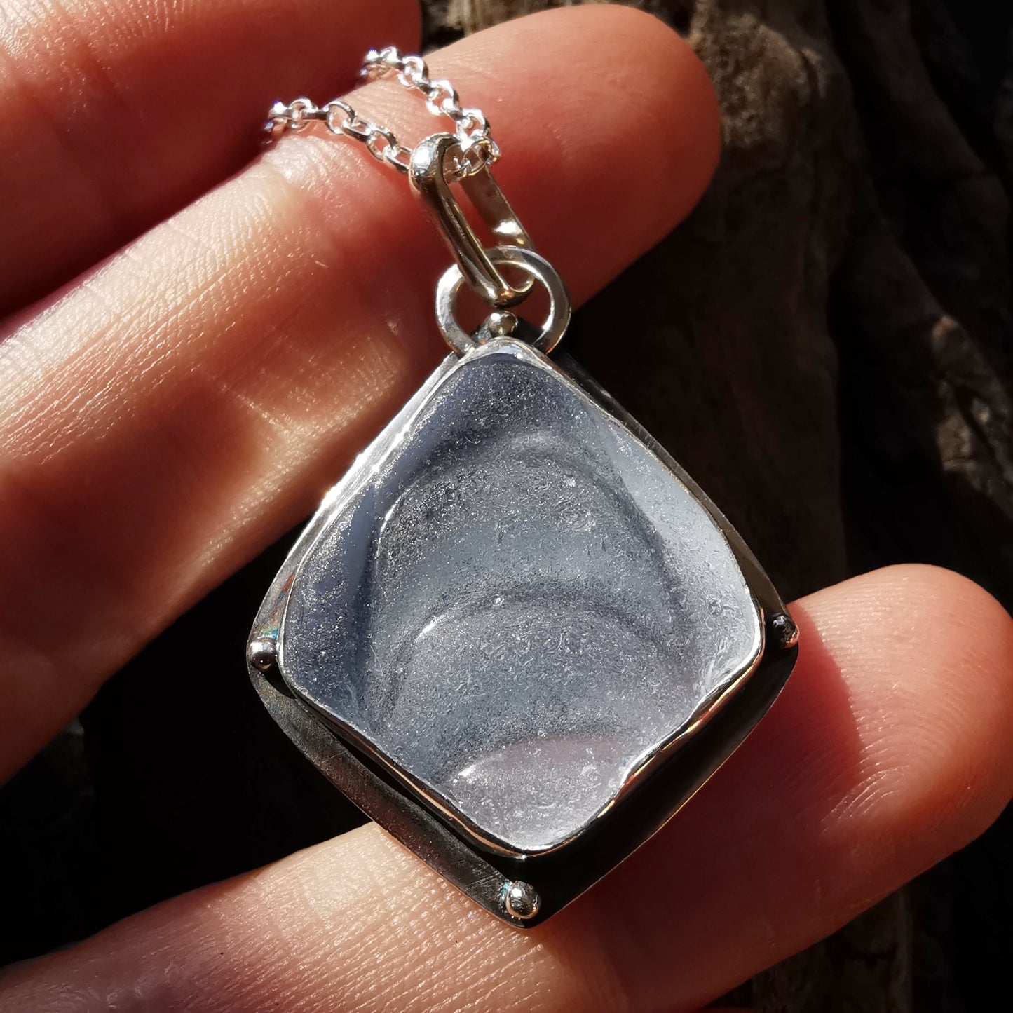 Reserved for Aer. Light blue sea glass moons & sterling silver pendant.