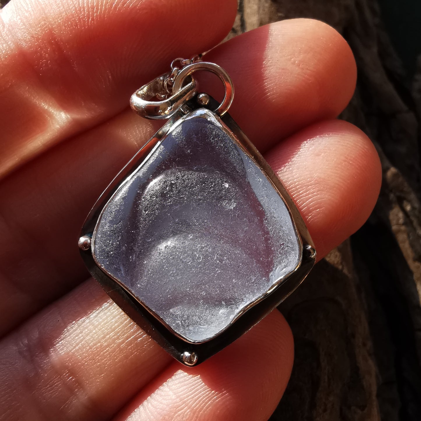 Reserved for Aer. Light blue sea glass moons & sterling silver pendant.