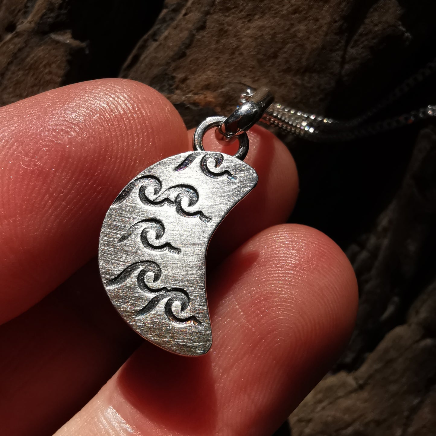 Scottish green crescent moon sea glass & sterling silver pendant.