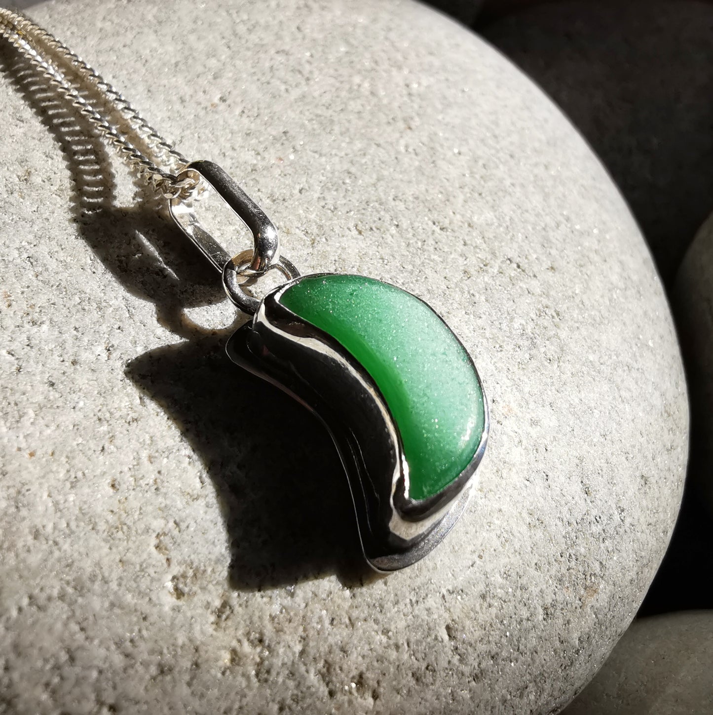 Scottish green crescent moon sea glass & sterling silver pendant.