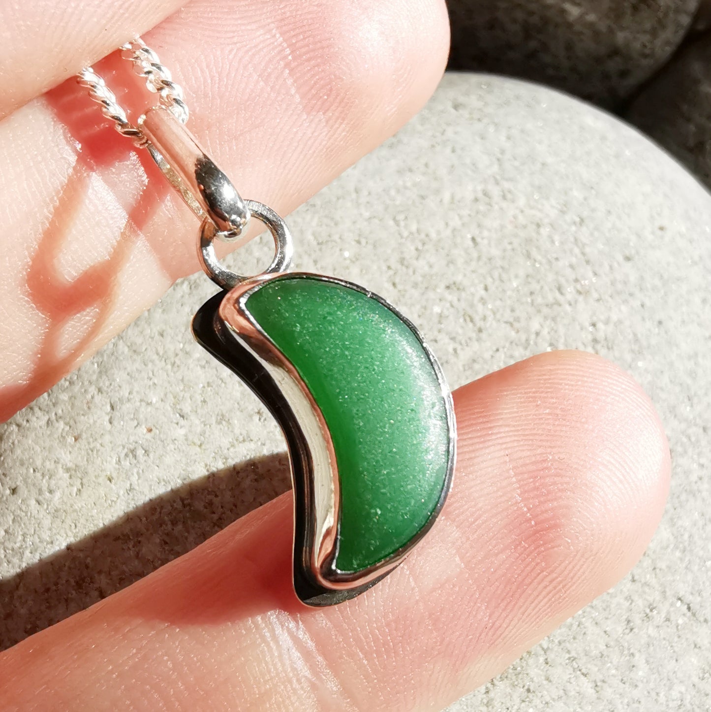 Scottish green crescent moon sea glass & sterling silver pendant.