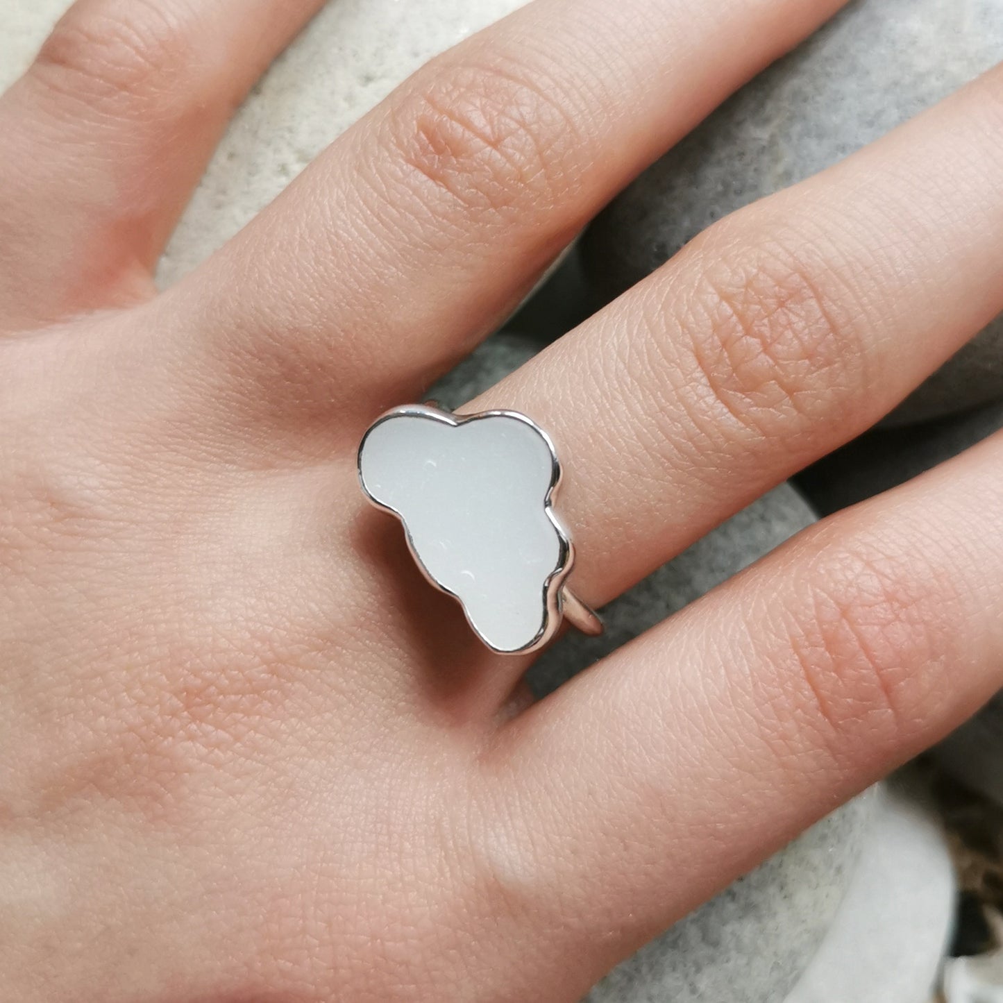 Scottish white sea glass cloud & sterling silver adjustable ring.