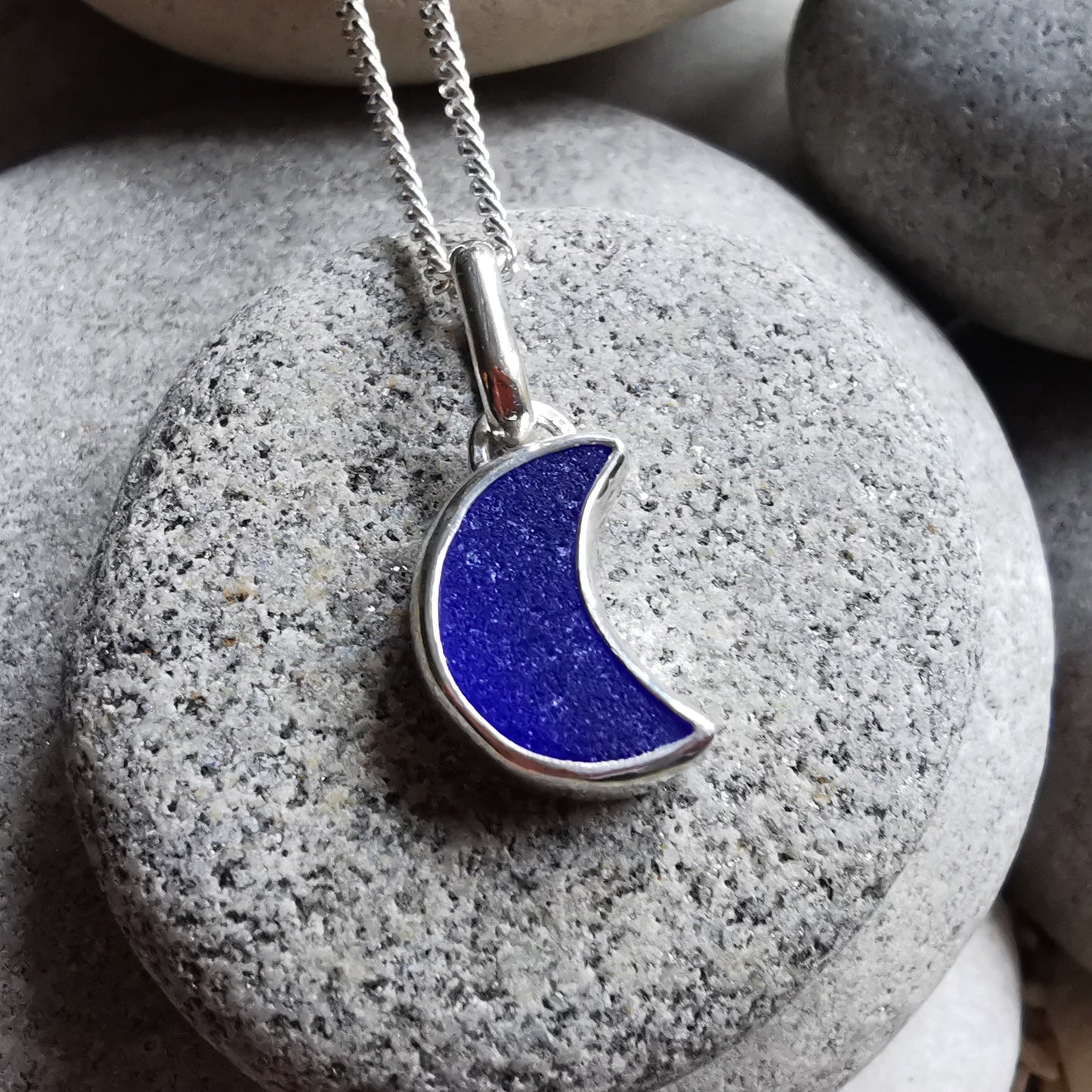 Scottish cobalt blue crescent moon sea glass & sterling silver pendant.