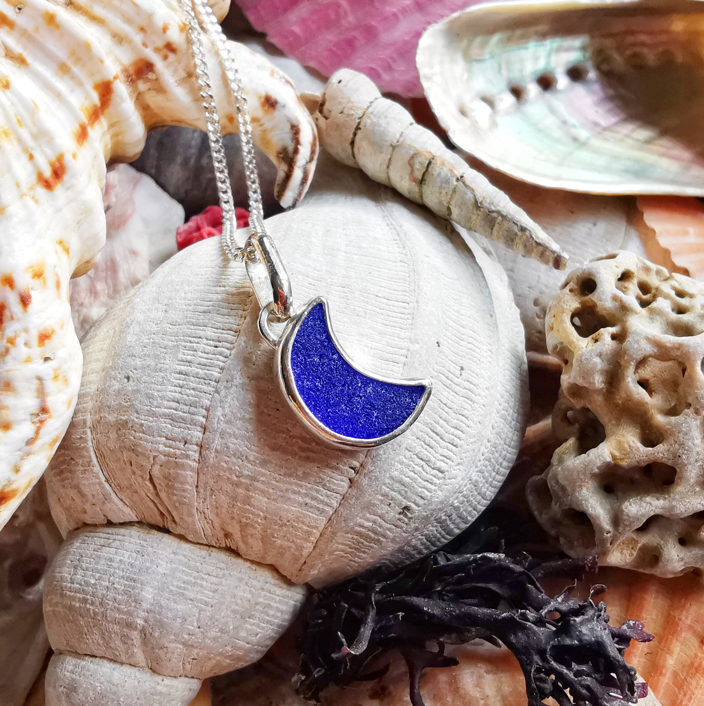 Scottish cobalt blue crescent moon sea glass & sterling silver pendant.