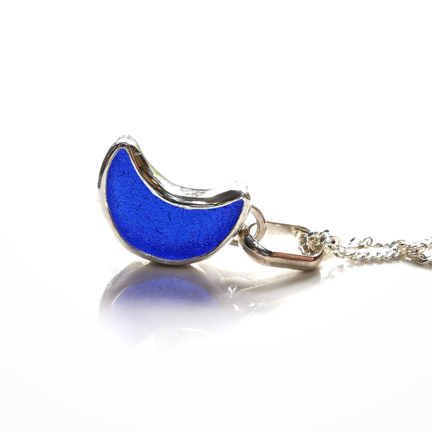 Scottish cobalt blue crescent moon sea glass & sterling silver pendant.