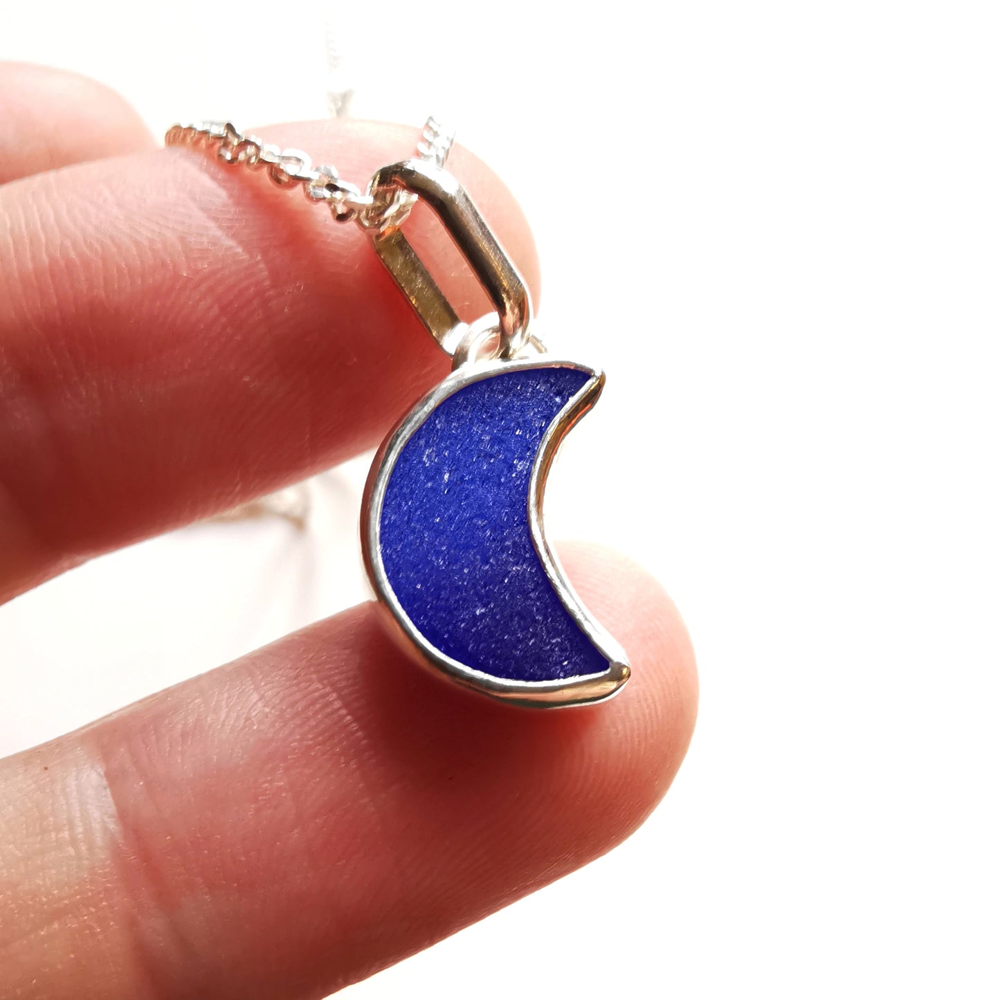 Scottish cobalt blue crescent moon sea glass & sterling silver pendant.
