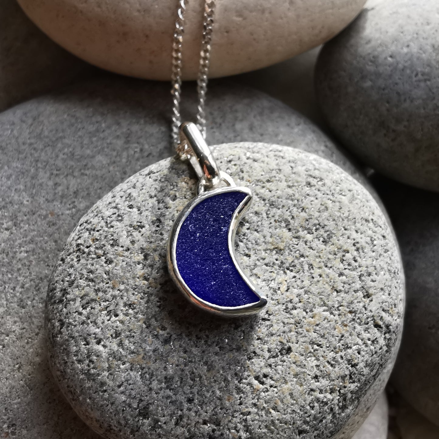 Scottish cobalt blue crescent moon sea glass & sterling silver pendant.