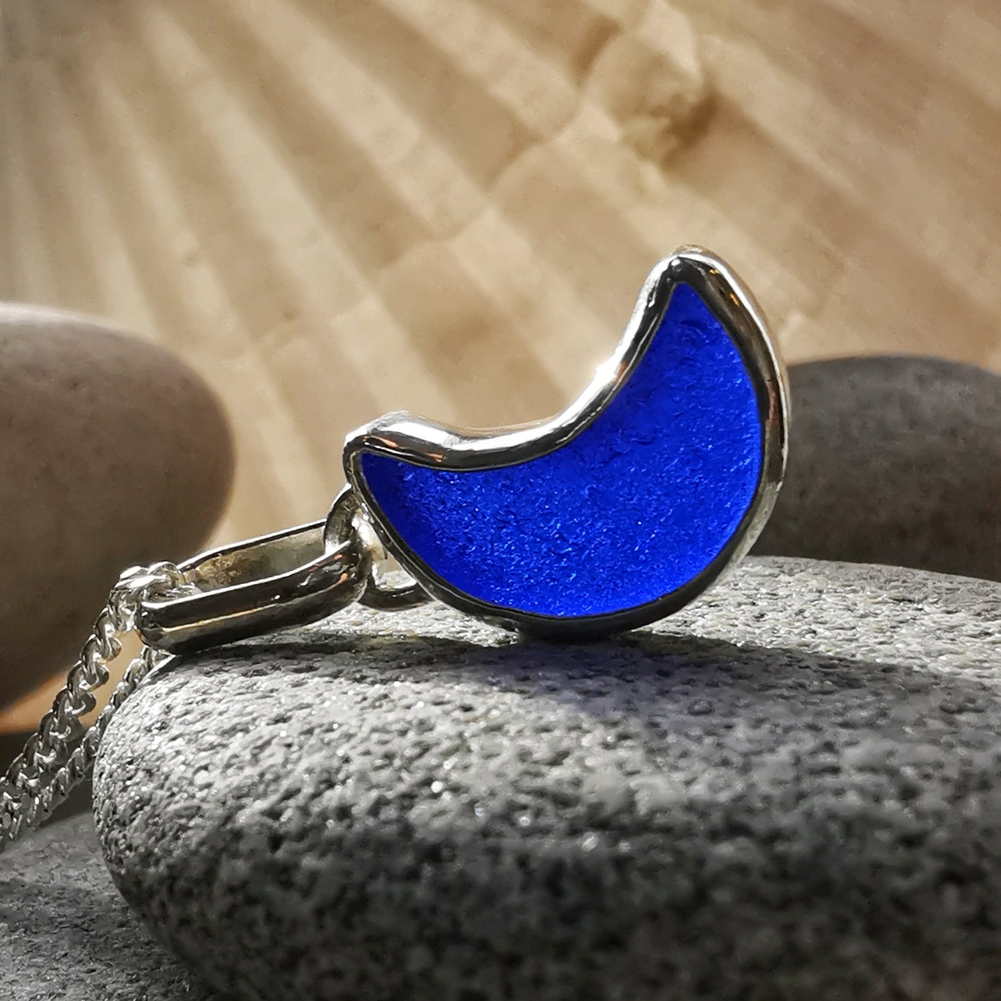 Scottish cobalt blue crescent moon sea glass & sterling silver pendant.