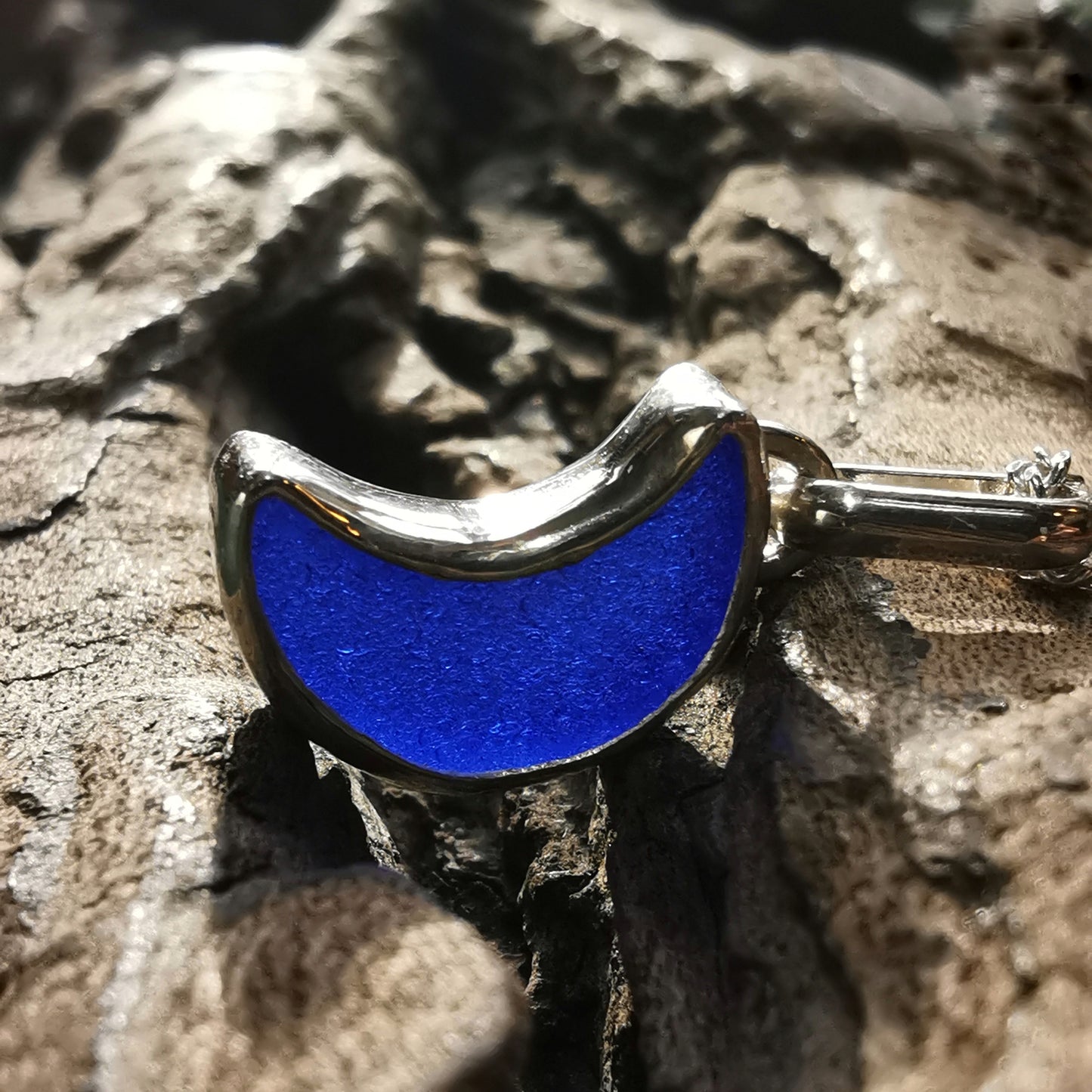 Scottish cobalt blue crescent moon sea glass & sterling silver pendant.
