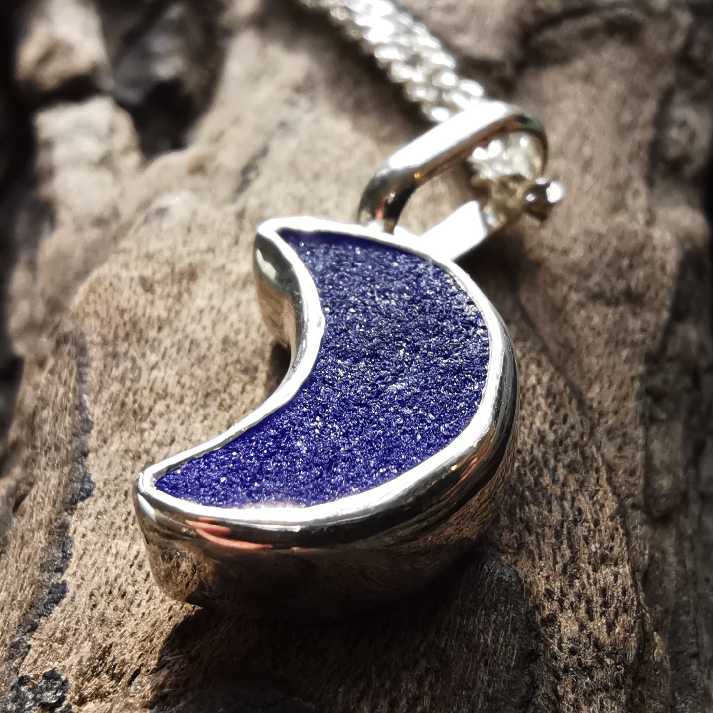Scottish cobalt blue crescent moon sea glass & sterling silver pendant.