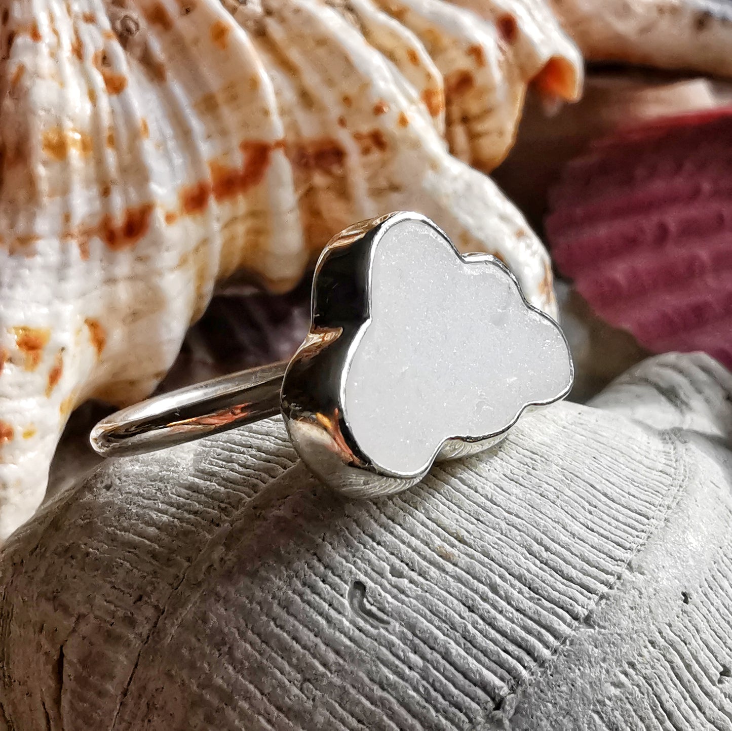 Scottish white sea glass cloud & sterling silver adjustable ring.