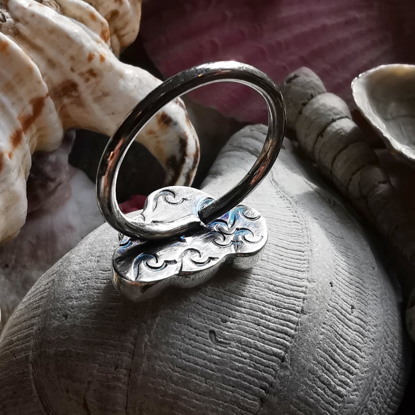 Scottish white sea glass cloud & sterling silver adjustable ring.