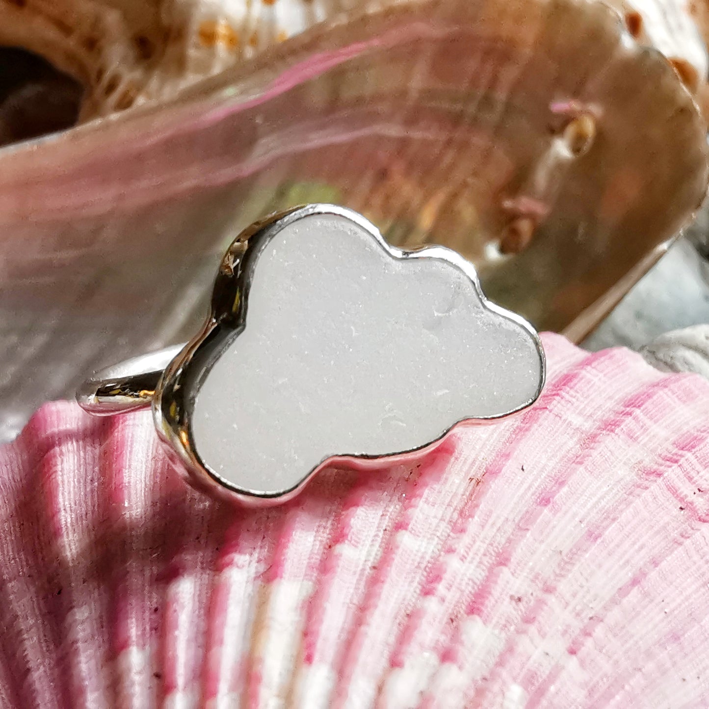 Scottish white sea glass cloud & sterling silver adjustable ring.