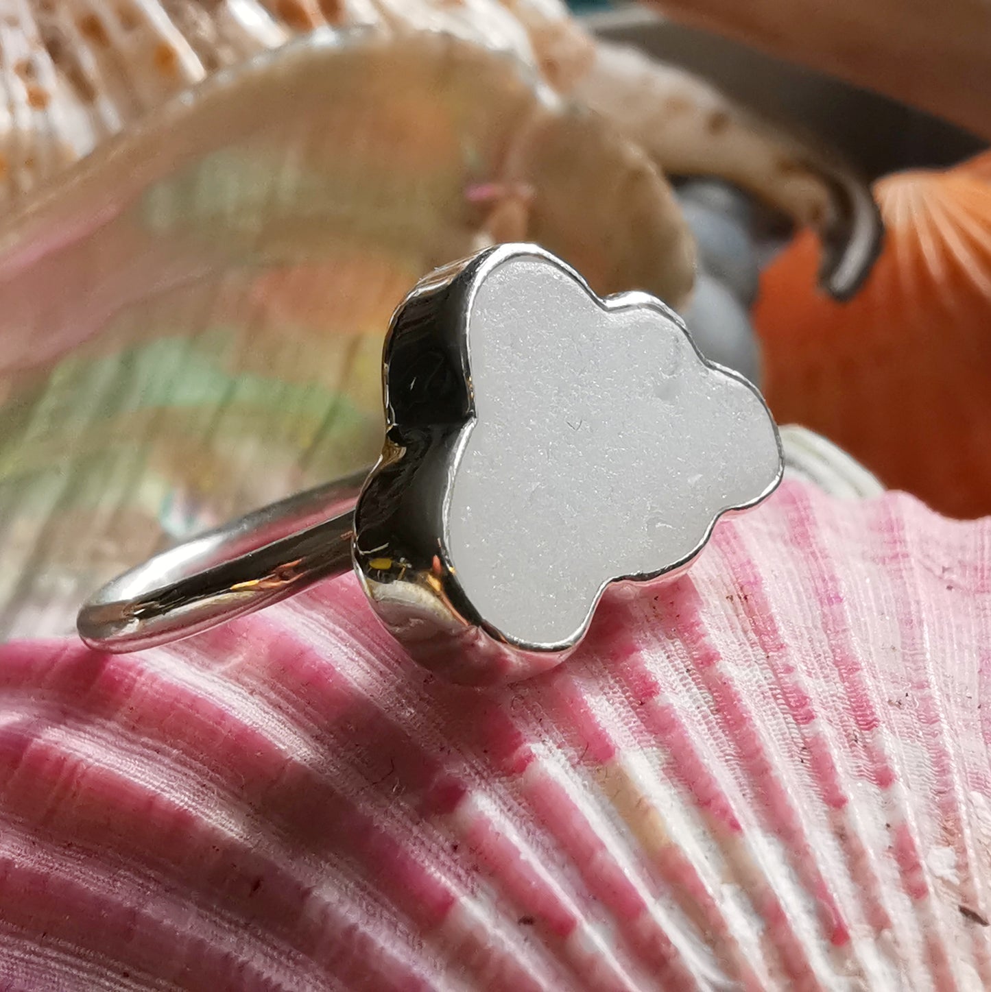 Scottish white sea glass cloud & sterling silver adjustable ring.