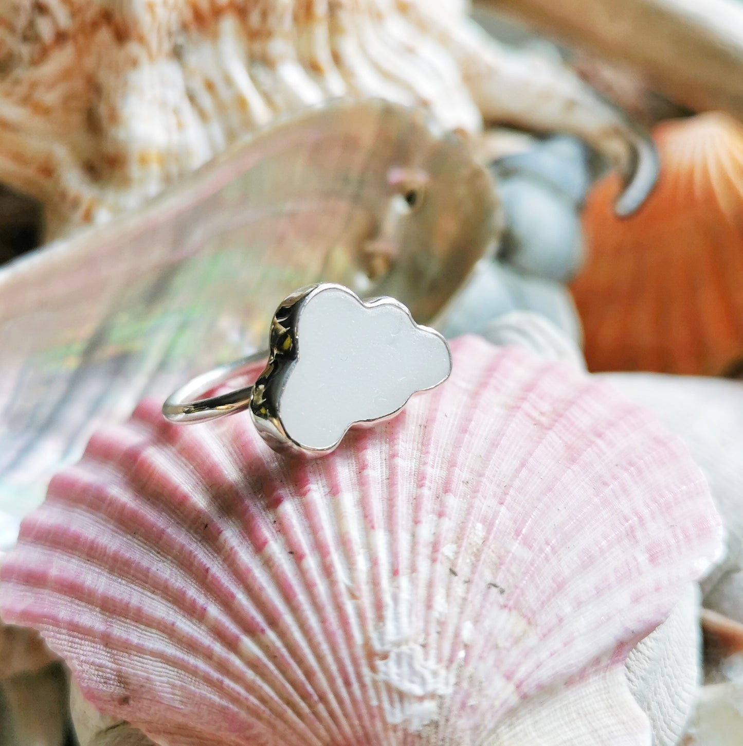 Scottish white sea glass cloud & sterling silver adjustable ring.
