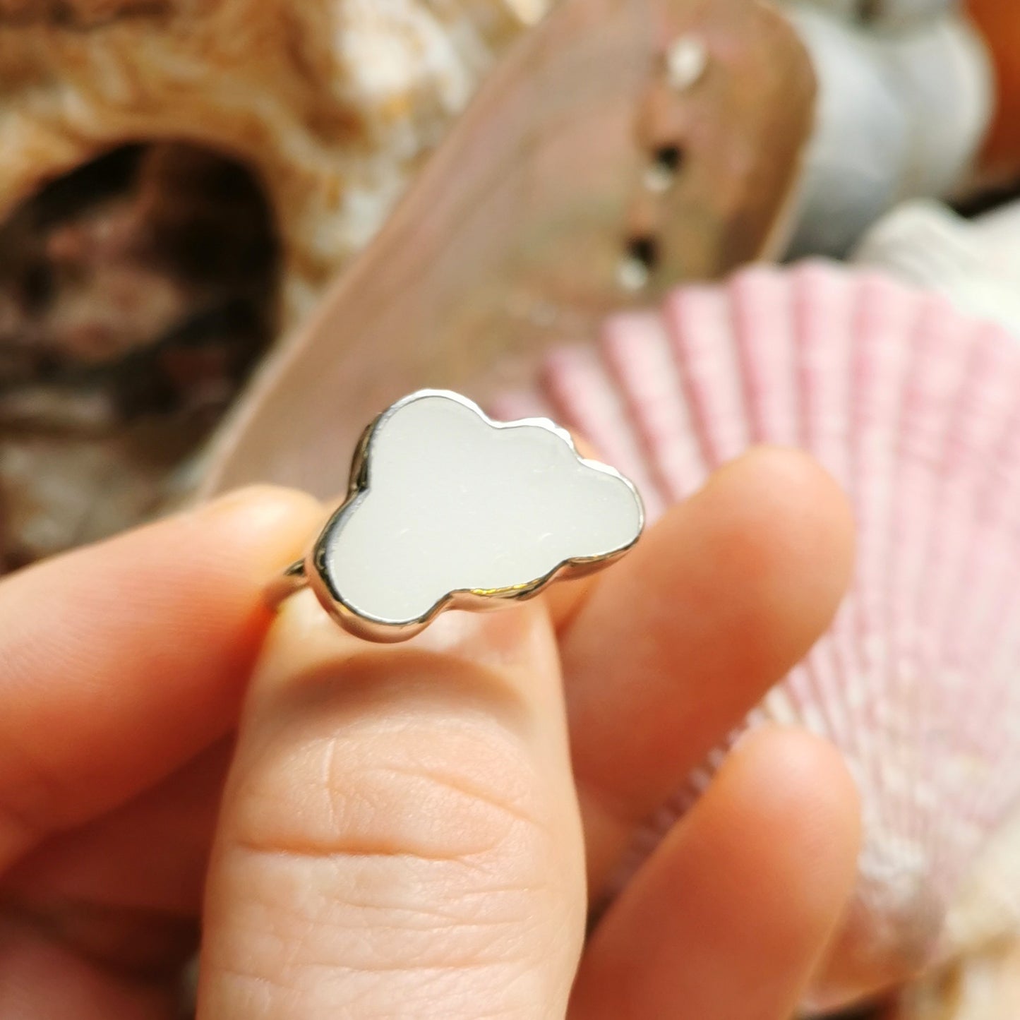 Scottish white sea glass cloud & sterling silver adjustable ring.