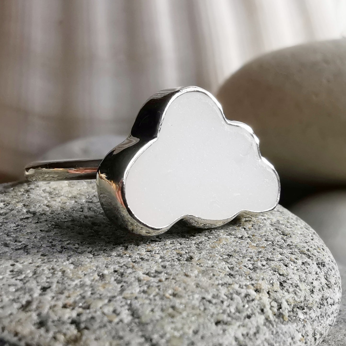Scottish white sea glass cloud & sterling silver adjustable ring.