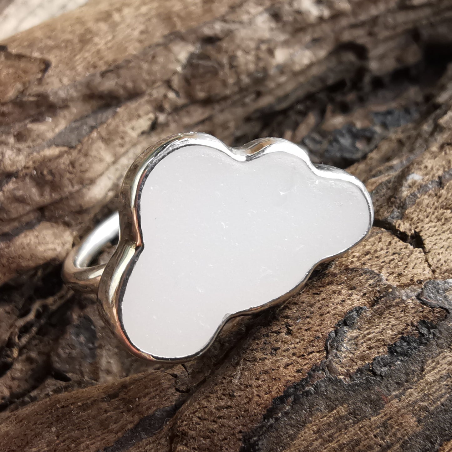 Scottish white sea glass cloud & sterling silver adjustable ring.