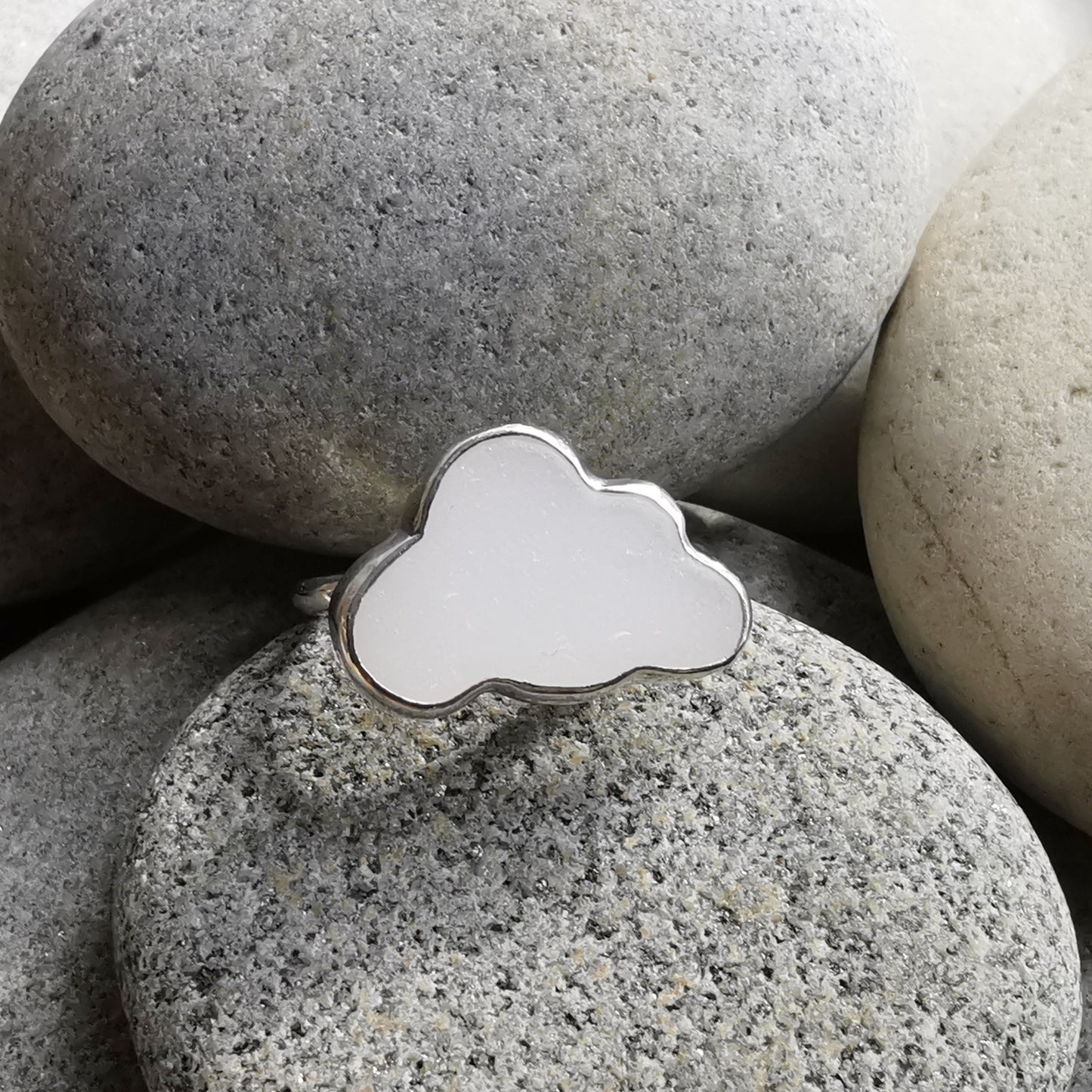Scottish white sea glass cloud & sterling silver adjustable ring.