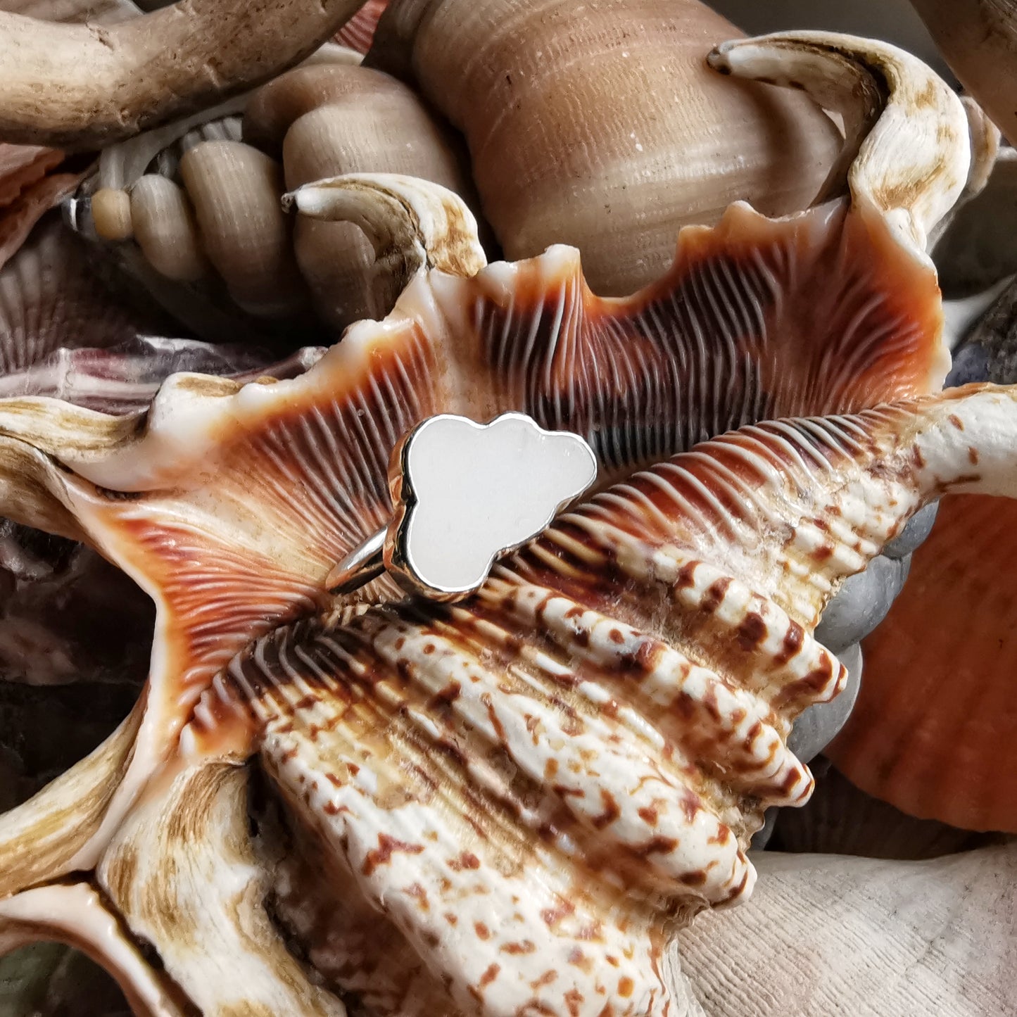 Scottish white sea glass cloud & sterling silver adjustable ring.