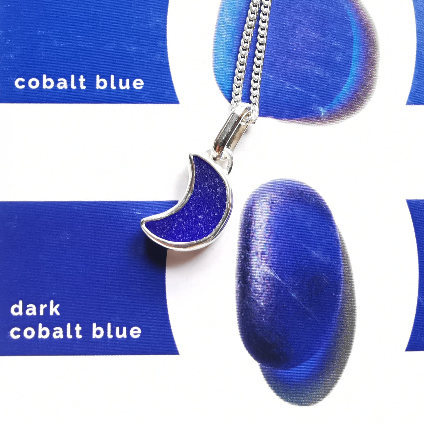 Scottish cobalt blue crescent moon sea glass & sterling silver pendant.